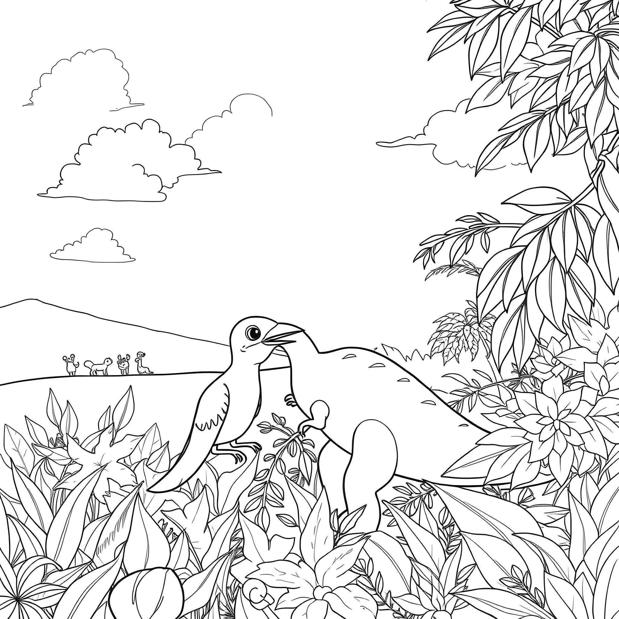 Bird nestled in lush foliage Coloring Page (free black-and-white line drawing printable PDF for all, from beginners to advanced learners, including children, teens, adults, and seniors)