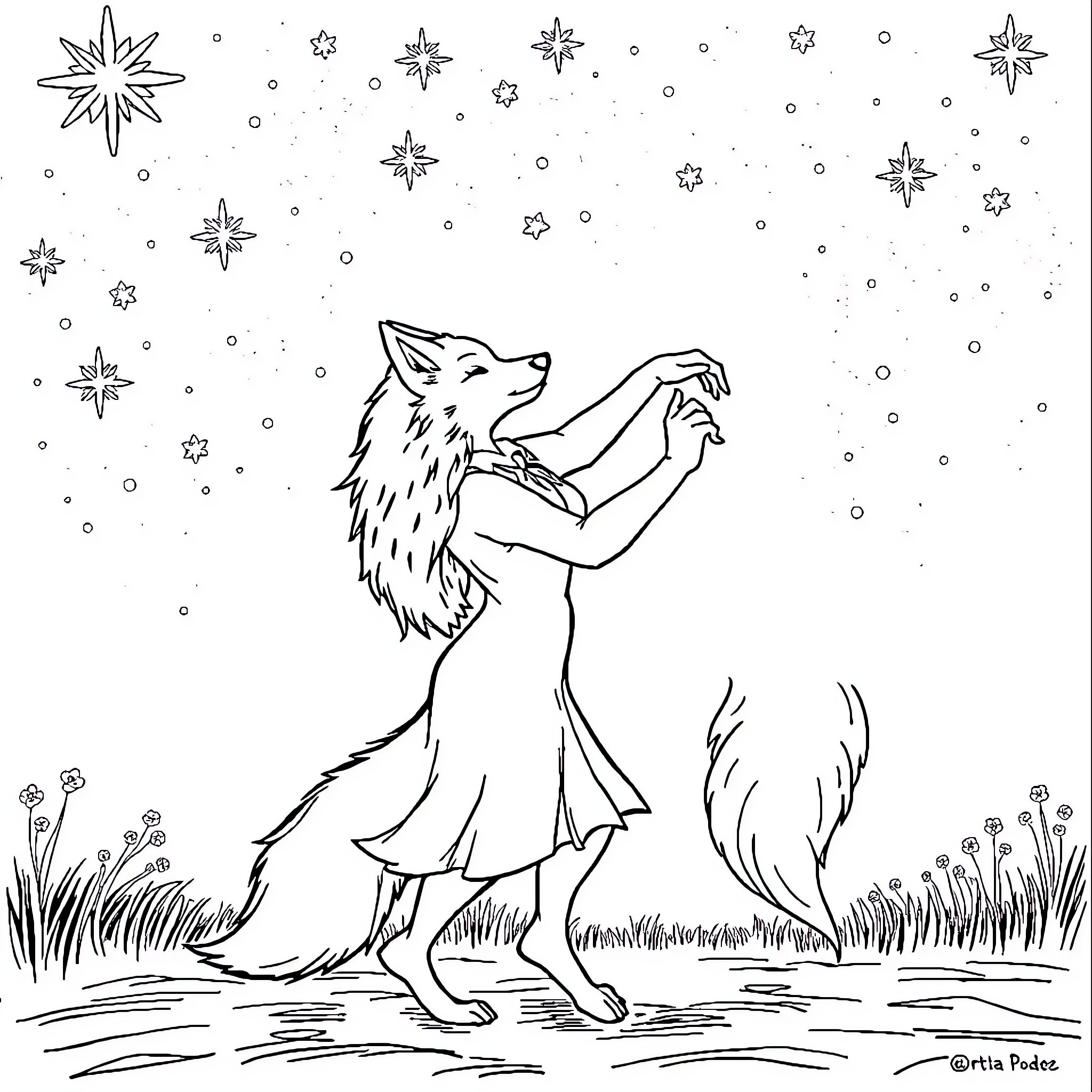 Wolf dancing under the starry night sky Coloring Page (free black-and-white line drawing printable PDF for all, from beginners to advanced learners, including children, teens, adults, and seniors)