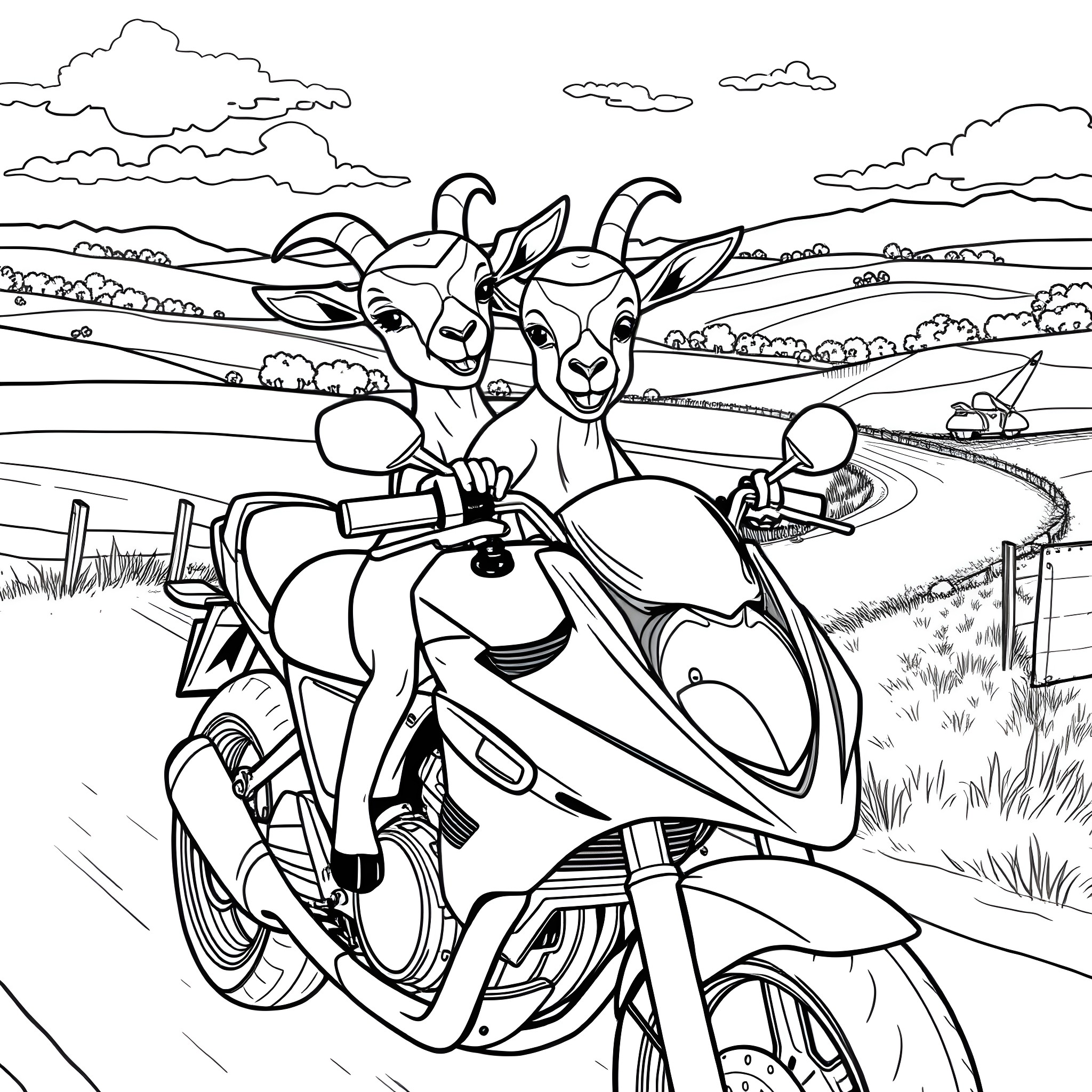 Goats riding a motorcycle in the countryside Coloring Page (free black-and-white line drawing printable PDF for all, from beginners to advanced learners, including children, teens, adults, and seniors)