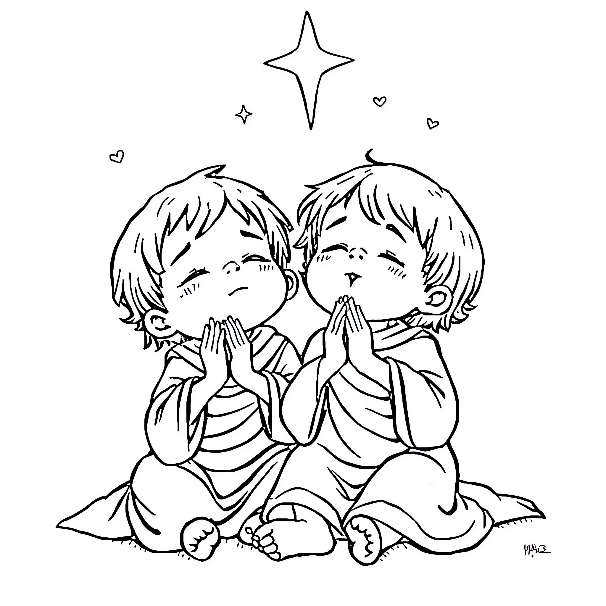 Children praying under a starry sky Coloring Page (free black-and-white line drawing printable PDF for all, from beginners to advanced learners, including children, teens, adults, and seniors)