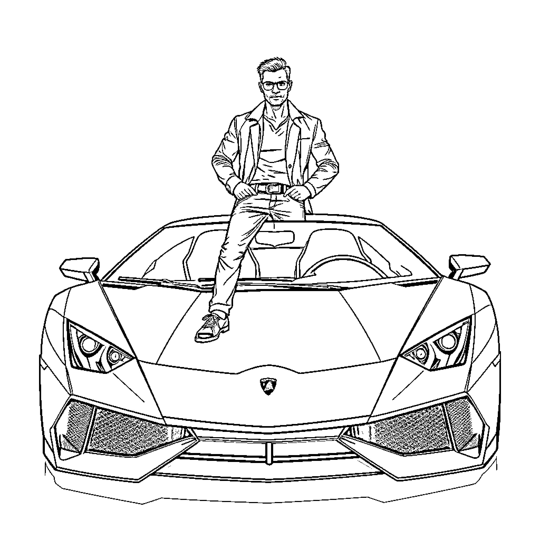 Man posing stylishly on a luxury sports car Coloring Page (free black-and-white line drawing printable PDF for all, from beginners to advanced learners, including children, teens, adults, and seniors)