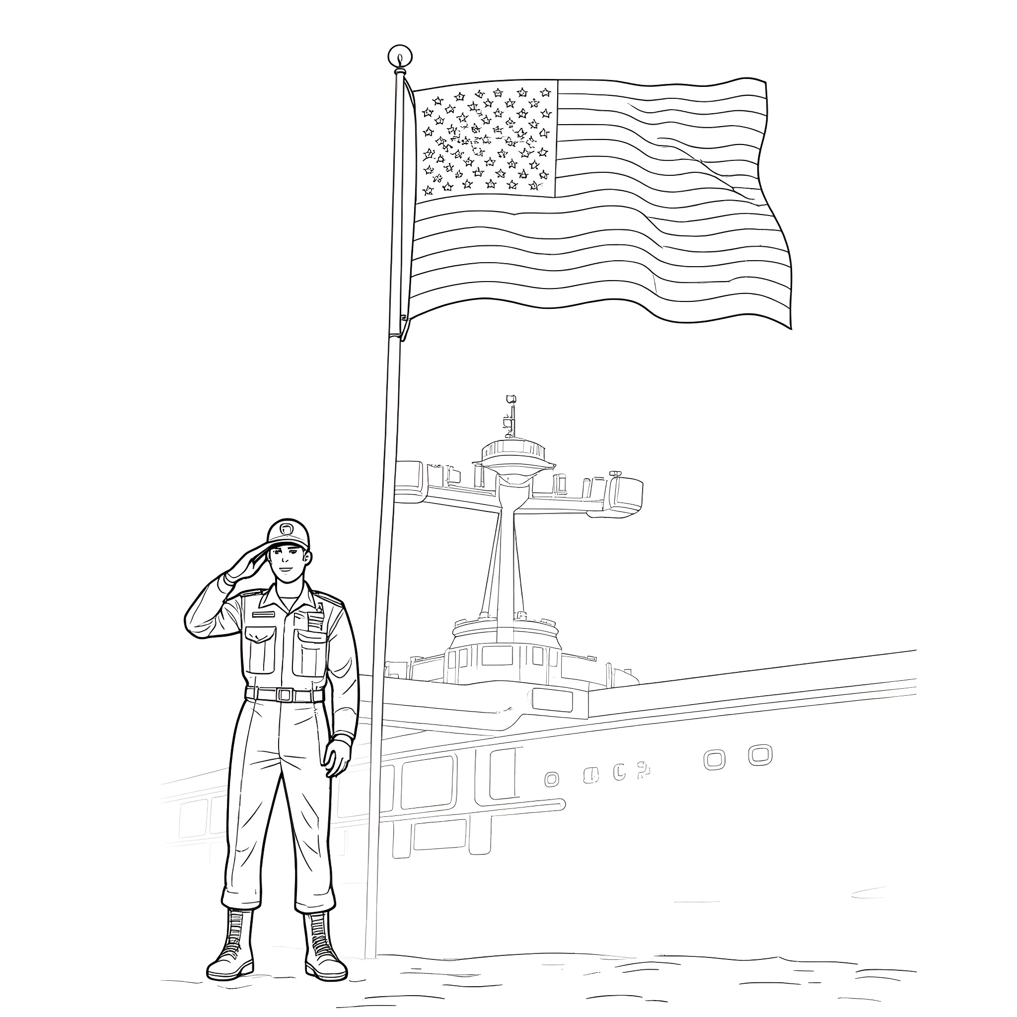 Soldier saluting under American flag Coloring Page (free black-and-white line drawing printable PDF for all, from beginners to advanced learners, including children, teens, adults, and seniors)