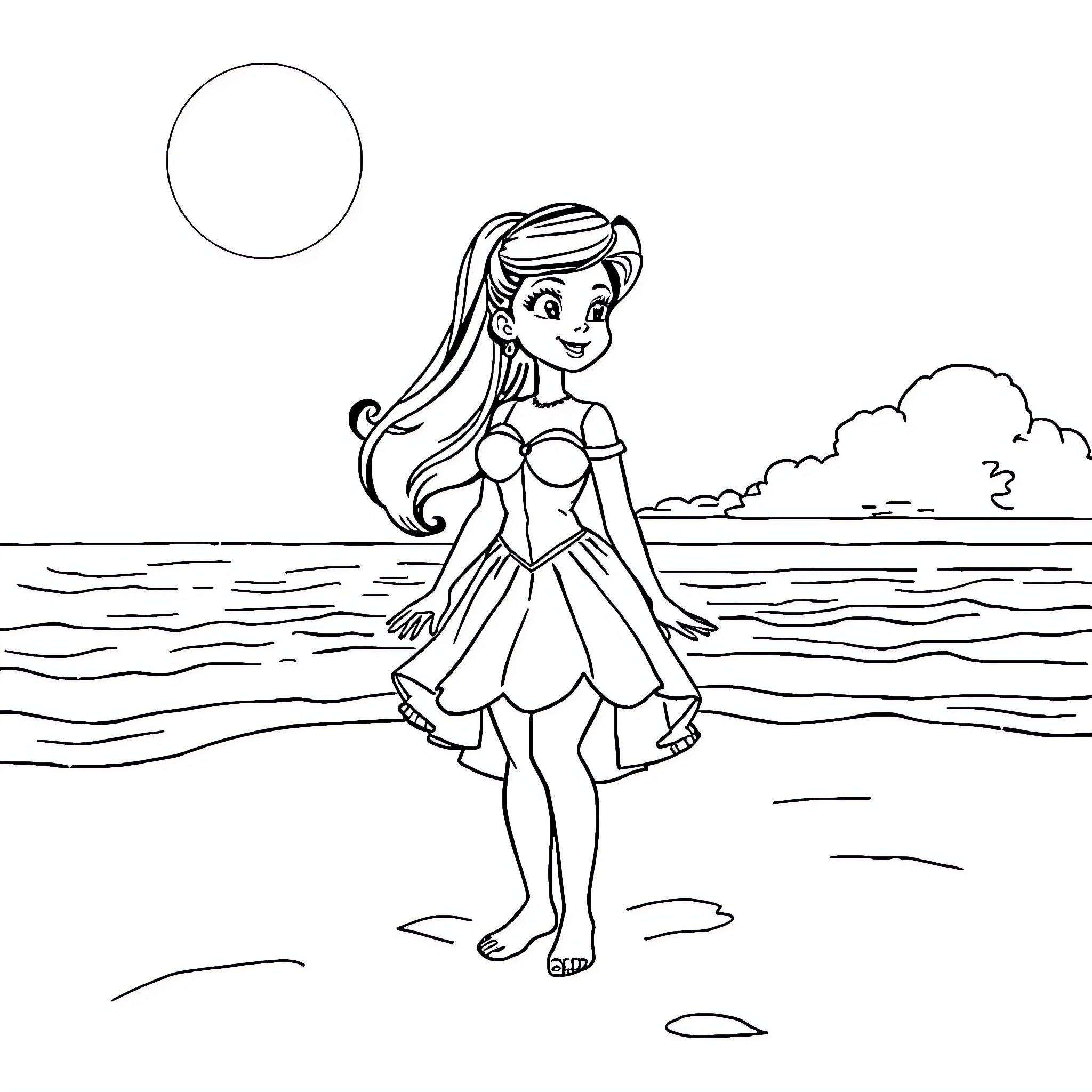 Tinderella's seaside adventure Coloring Page (free black-and-white line drawing printable PDF for all, from beginners to advanced learners, including children, teens, adults, and seniors)