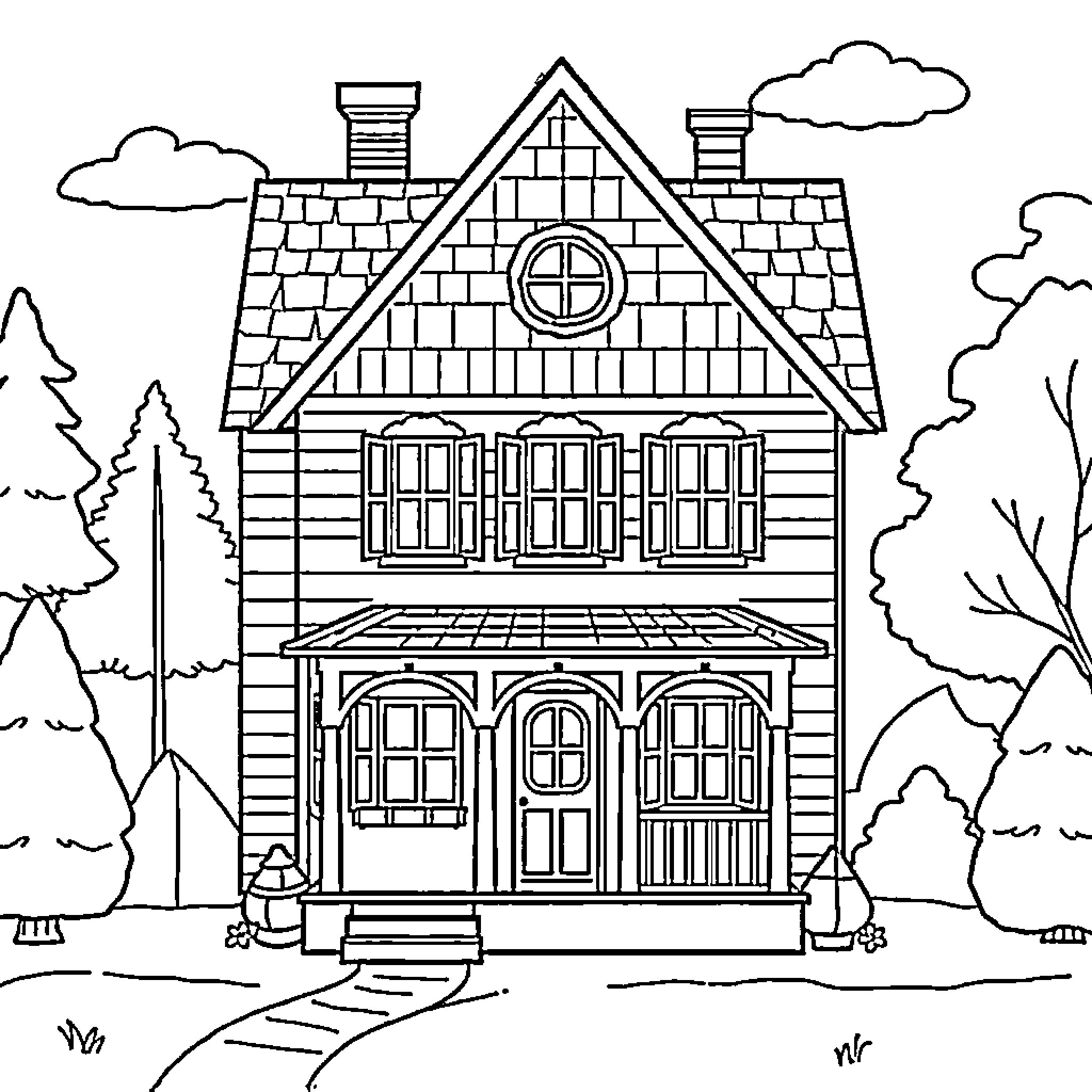 Doll House with Charming Architectural Details Coloring Page (free black-and-white line drawing printable PDF for all, from beginners to advanced learners, including children, teens, adults, and seniors)