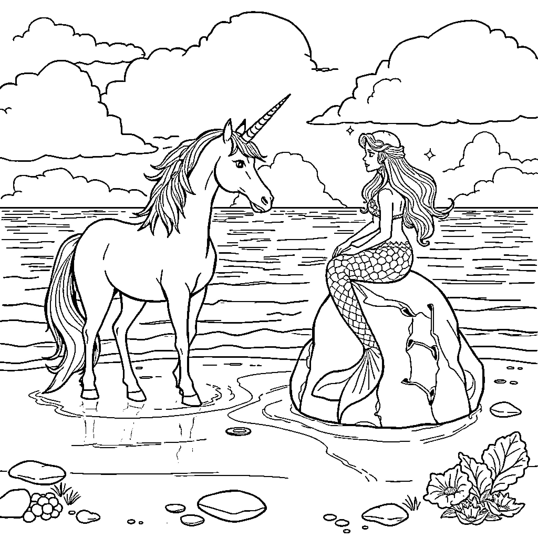 Unicorn and mermaid by the sea Coloring Page (free black-and-white line drawing printable PDF for all, from beginners to advanced learners, including children, teens, adults, and seniors)