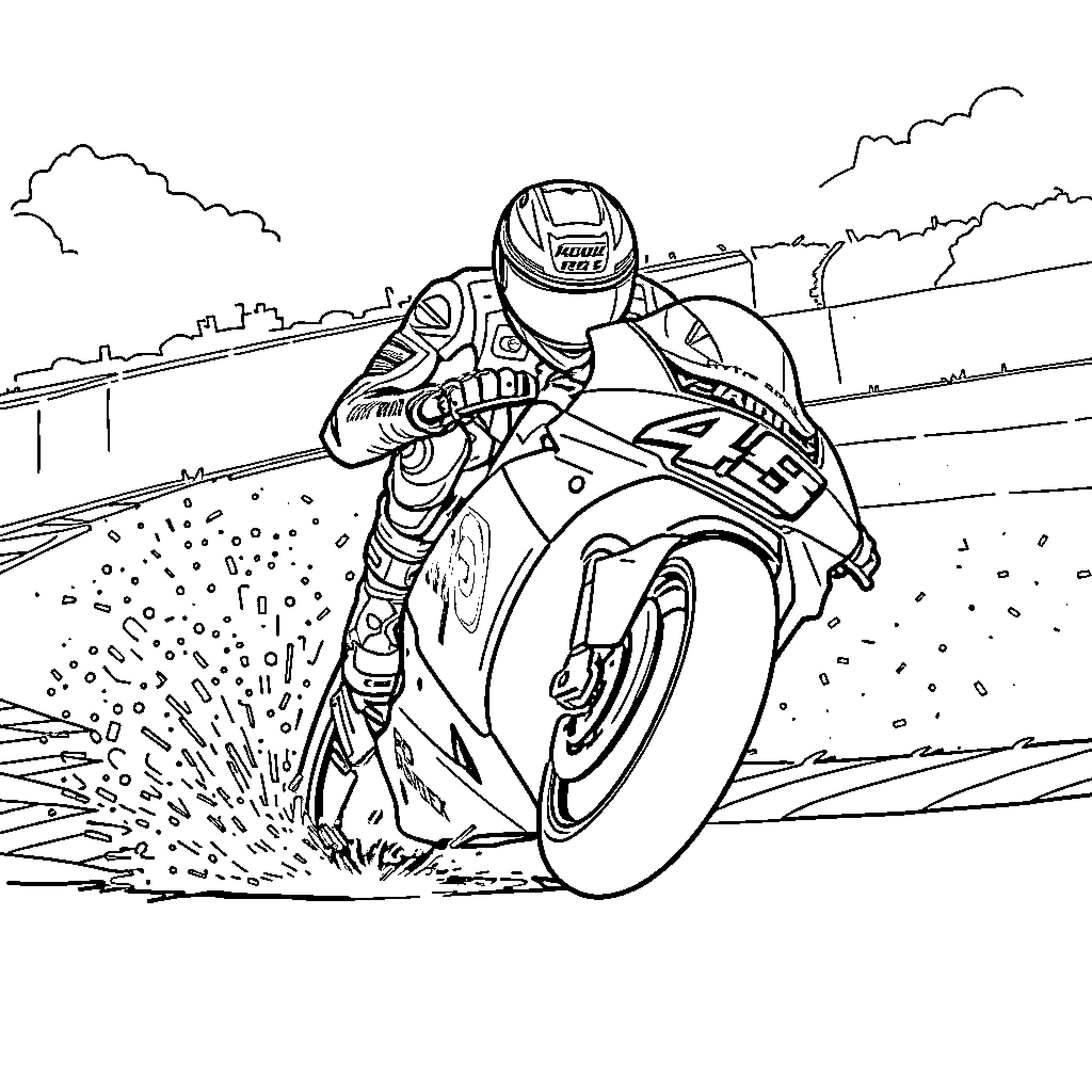Marc Marquez racing motorcycle on track Coloring Page (free black-and-white line drawing printable PDF for all, from beginners to advanced learners, including children, teens, adults, and seniors)