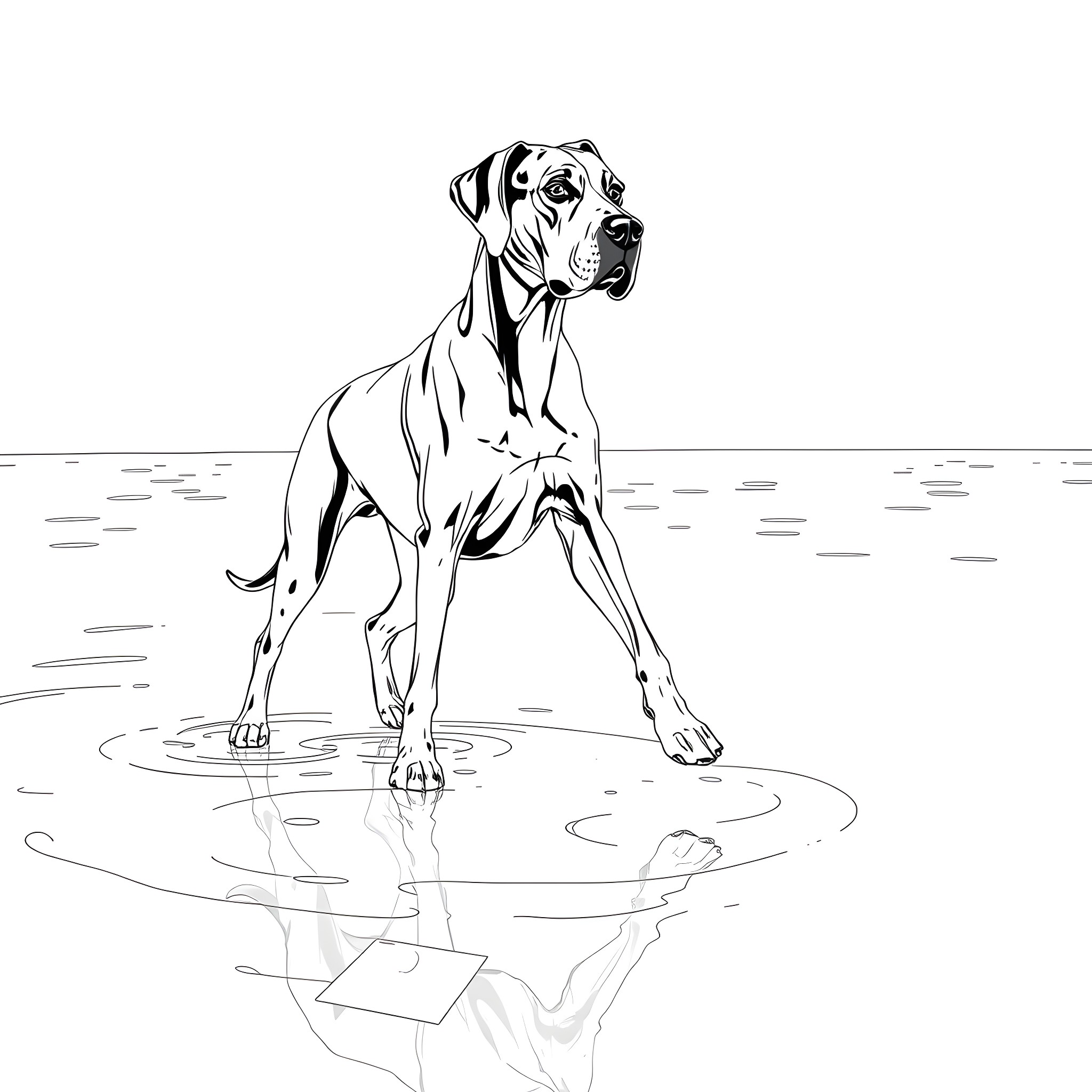 Great Dane standing in the water with reflection Coloring Page (free black-and-white line drawing printable PDF for all, from beginners to advanced learners, including children, teens, adults, and seniors)