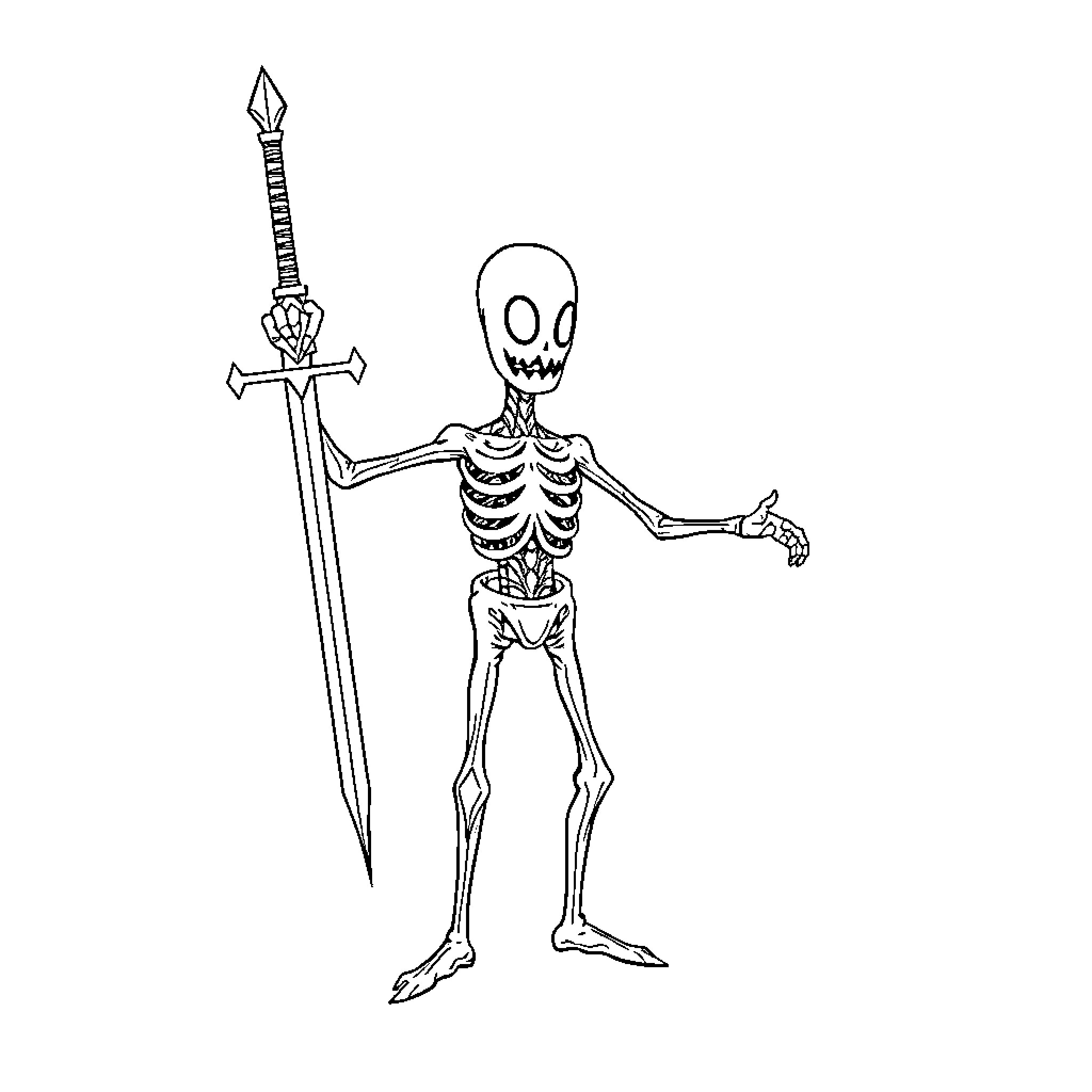 Enderman skeleton wielding sword in striking pose Coloring Page (free black-and-white line drawing printable PDF for all, from beginners to advanced learners, including children, teens, adults, and seniors)