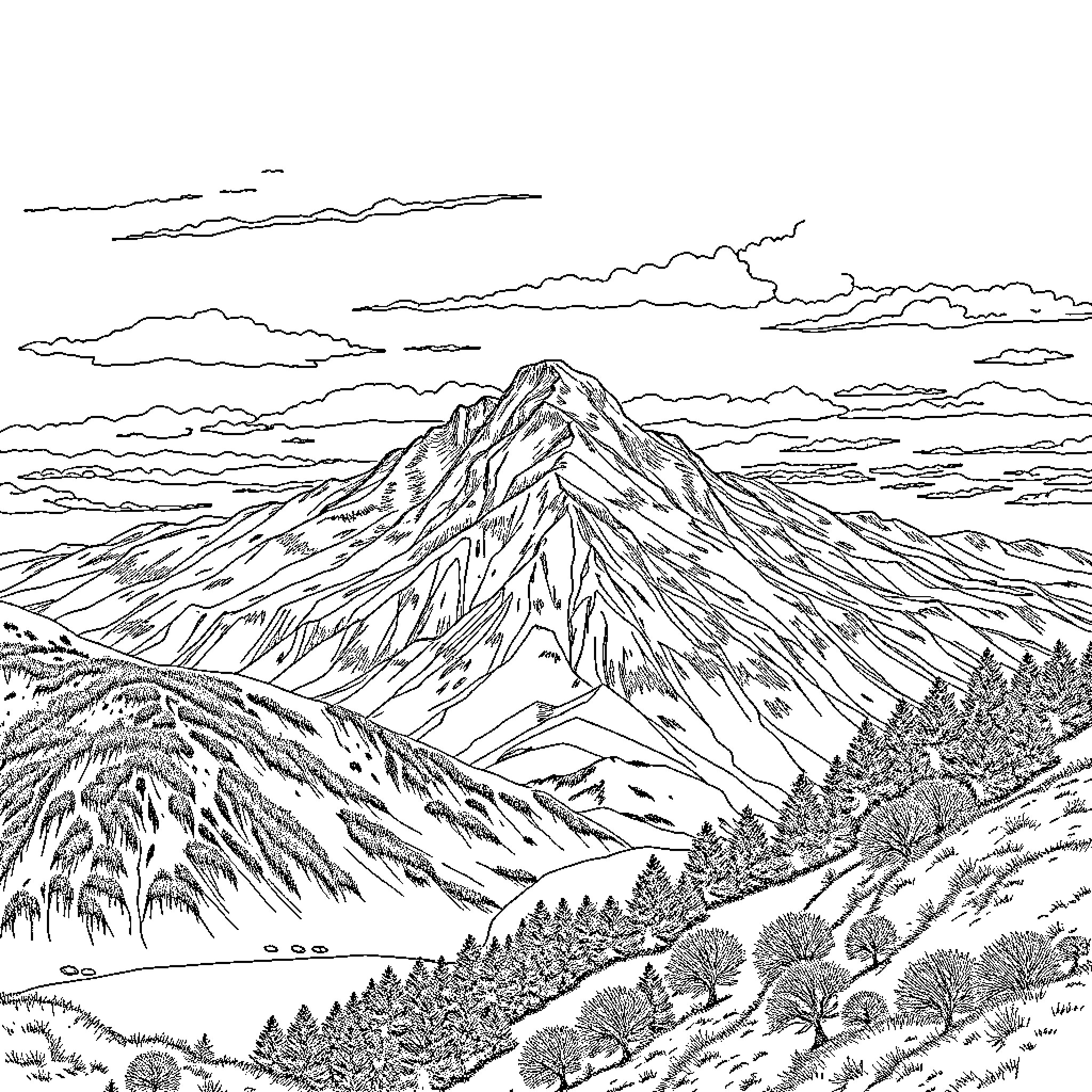 Mountain landscape with snowy peaks and pine forests Coloring Page (free black-and-white line drawing printable PDF for all, from beginners to advanced learners, including children, teens, adults, and seniors)