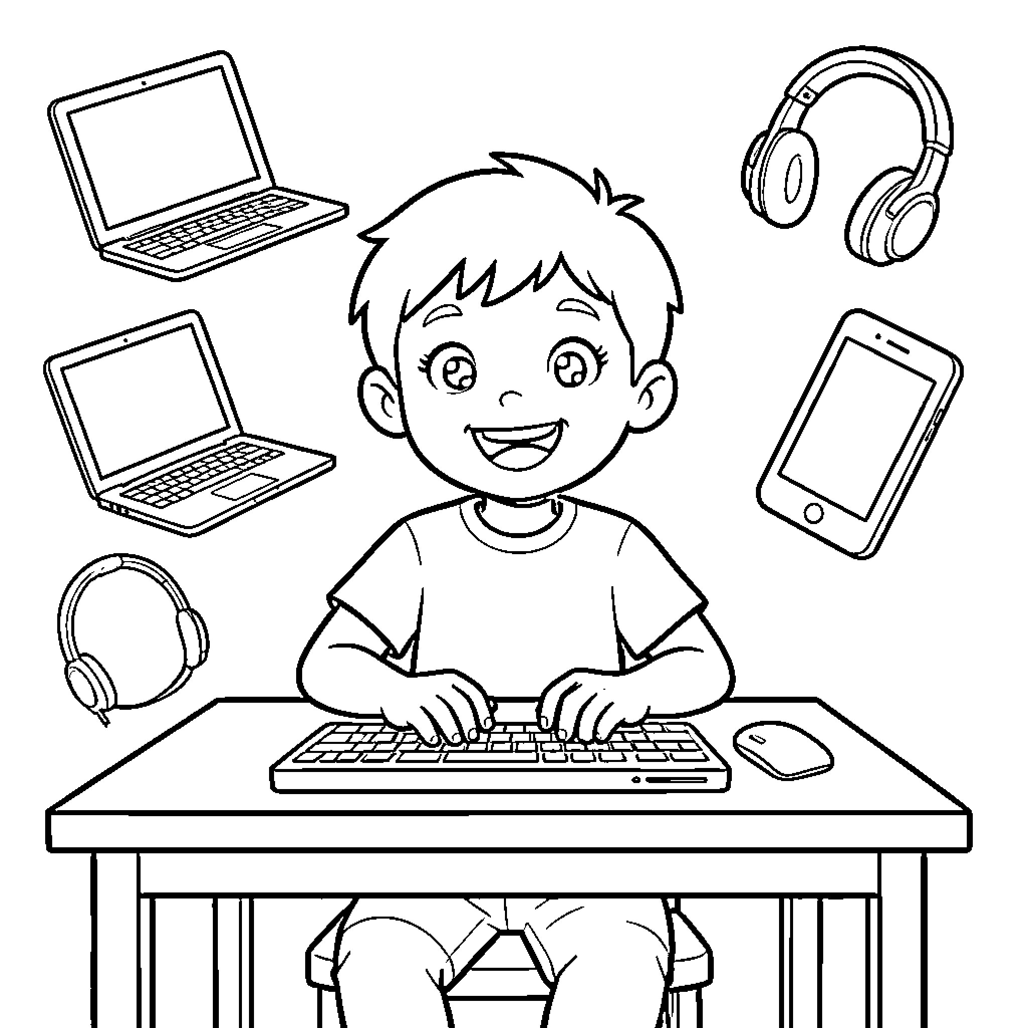 Child smiling while using a computer and technology Coloring Page (free black-and-white line drawing printable PDF for all, from beginners to advanced learners, including children, teens, adults, and seniors)