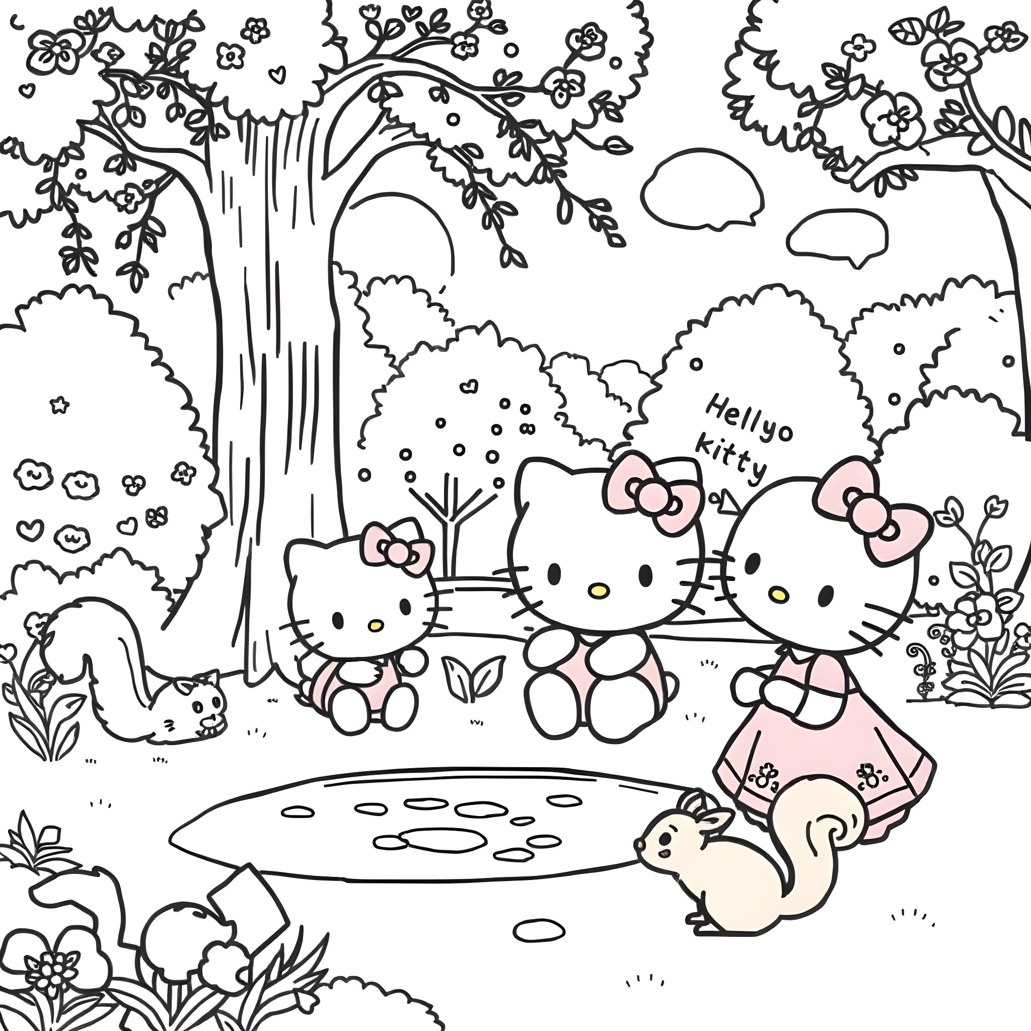 Hello Kitty and Friends Exploring the Enchanting Forest Coloring Page (free black-and-white line drawing printable PDF for all, from beginners to advanced learners, including children, teens, adults, and seniors)