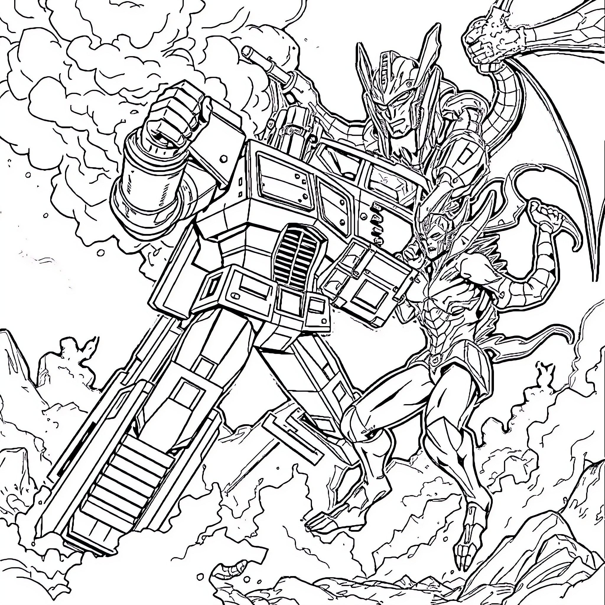 Optimus Prime Battling Formidable Foes Coloring Page (free black-and-white line drawing printable PDF for all, from beginners to advanced learners, including children, teens, adults, and seniors)