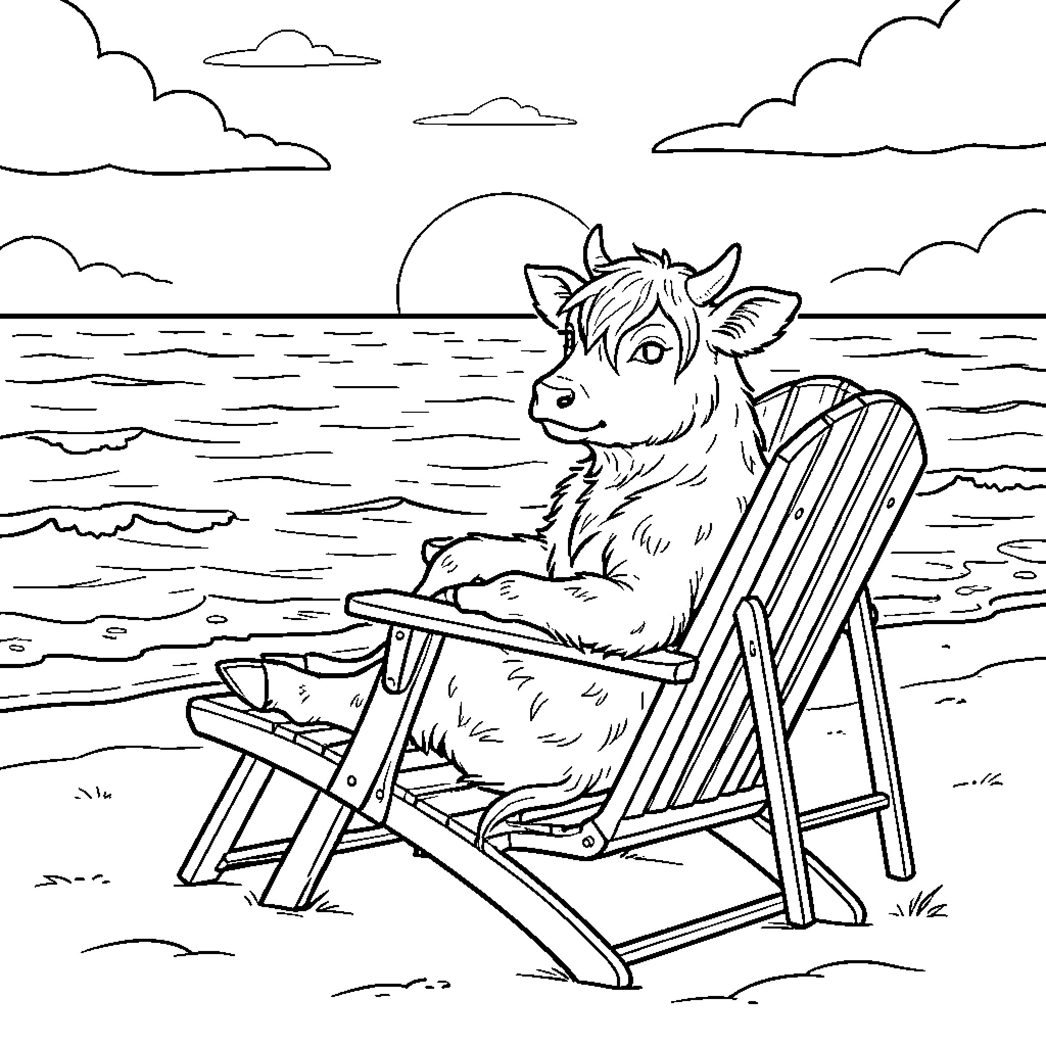 Calf relaxing in a deck chair by the sea Coloring Page (free black-and-white line drawing printable PDF for all, from beginners to advanced learners, including children, teens, adults, and seniors)