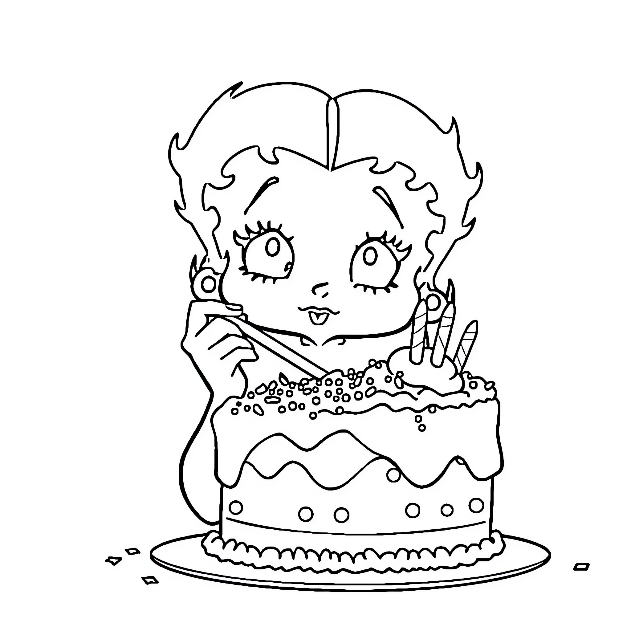 Betty Boop's Delightful Birthday Celebration Coloring Page (free black-and-white line drawing printable PDF for all, from beginners to advanced learners, including children, teens, adults, and seniors)