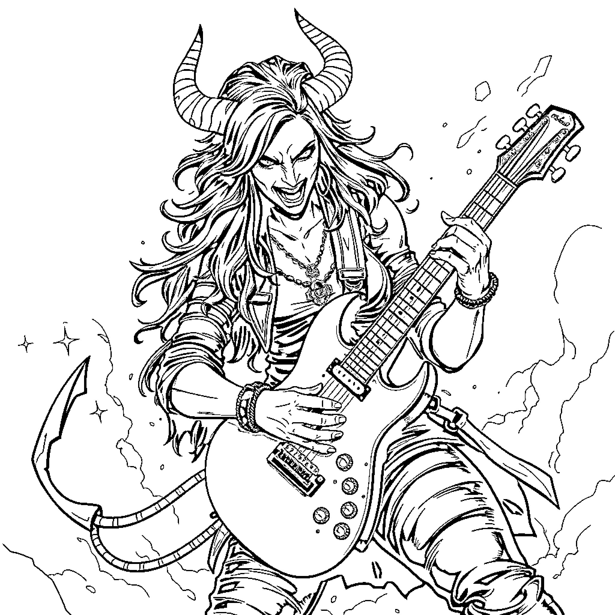 Mira, the Rocking Demon with Electric Guitar Coloring Page (free black-and-white line drawing printable PDF for all, from beginners to advanced learners, including children, teens, adults, and seniors)