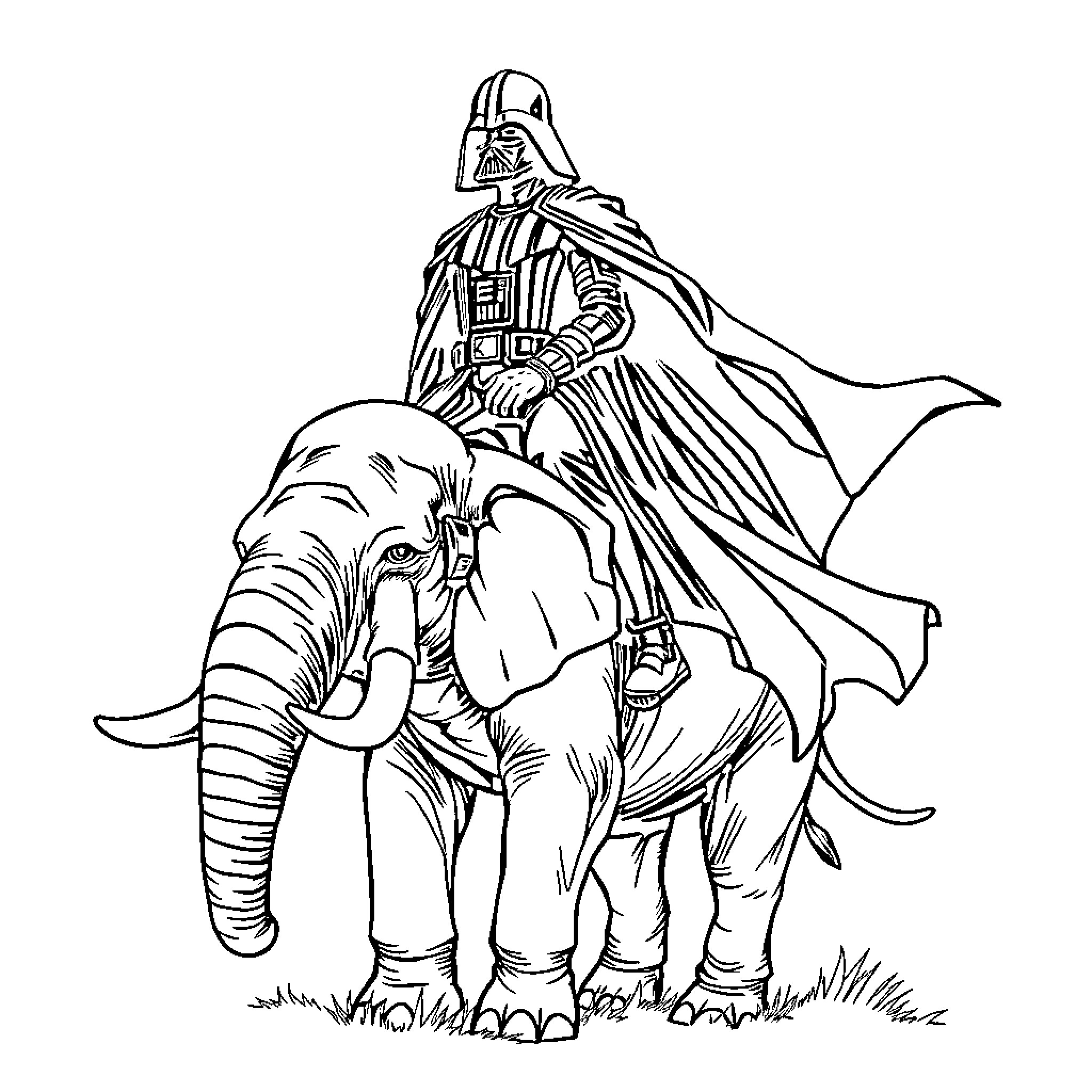 Darth Vader riding an elephant through a lush landscape Coloring Page (free black-and-white line drawing printable PDF for all, from beginners to advanced learners, including children, teens, adults, and seniors)