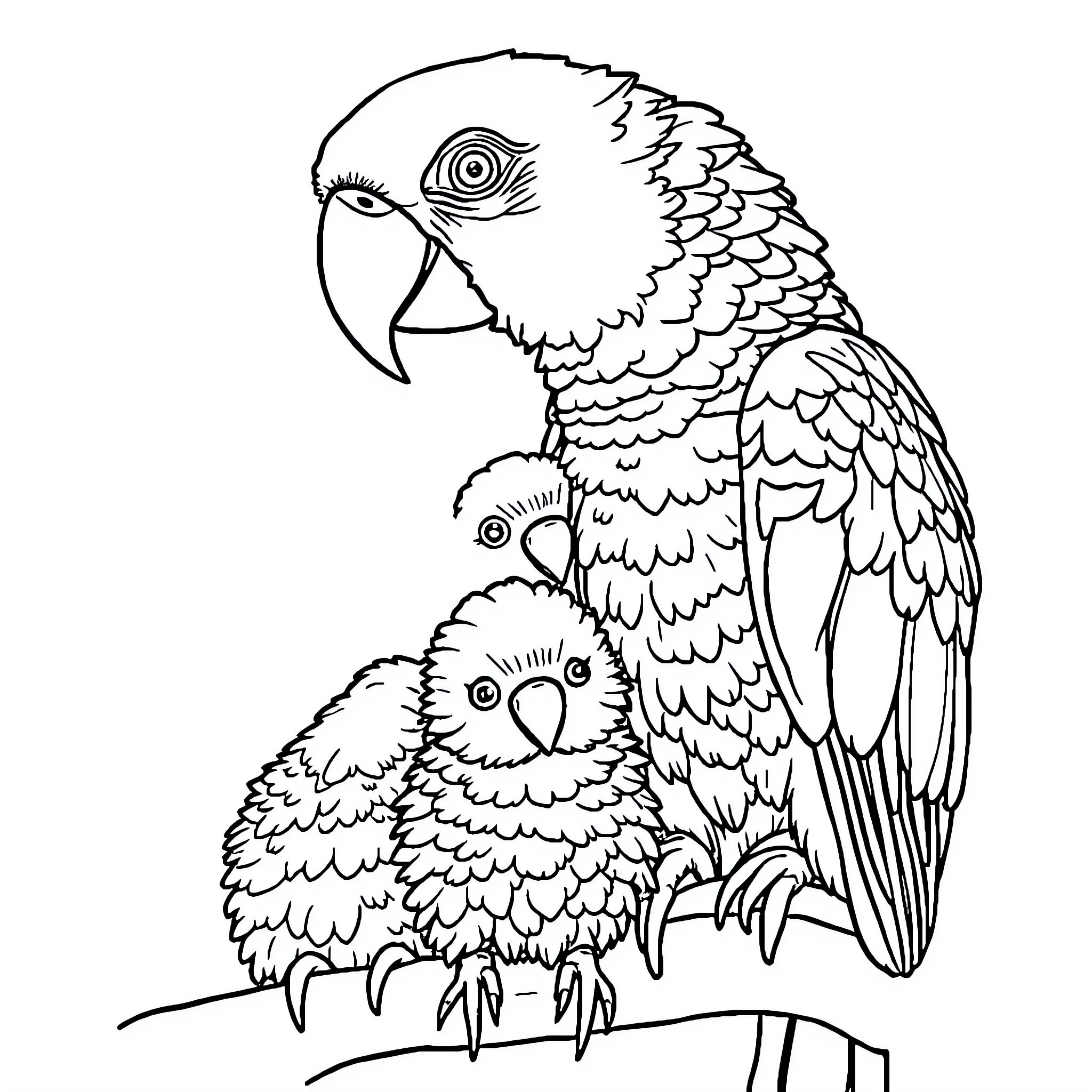 Parrot perched with baby chicks Coloring Page (free black-and-white line drawing printable PDF for all, from beginners to advanced learners, including children, teens, adults, and seniors)