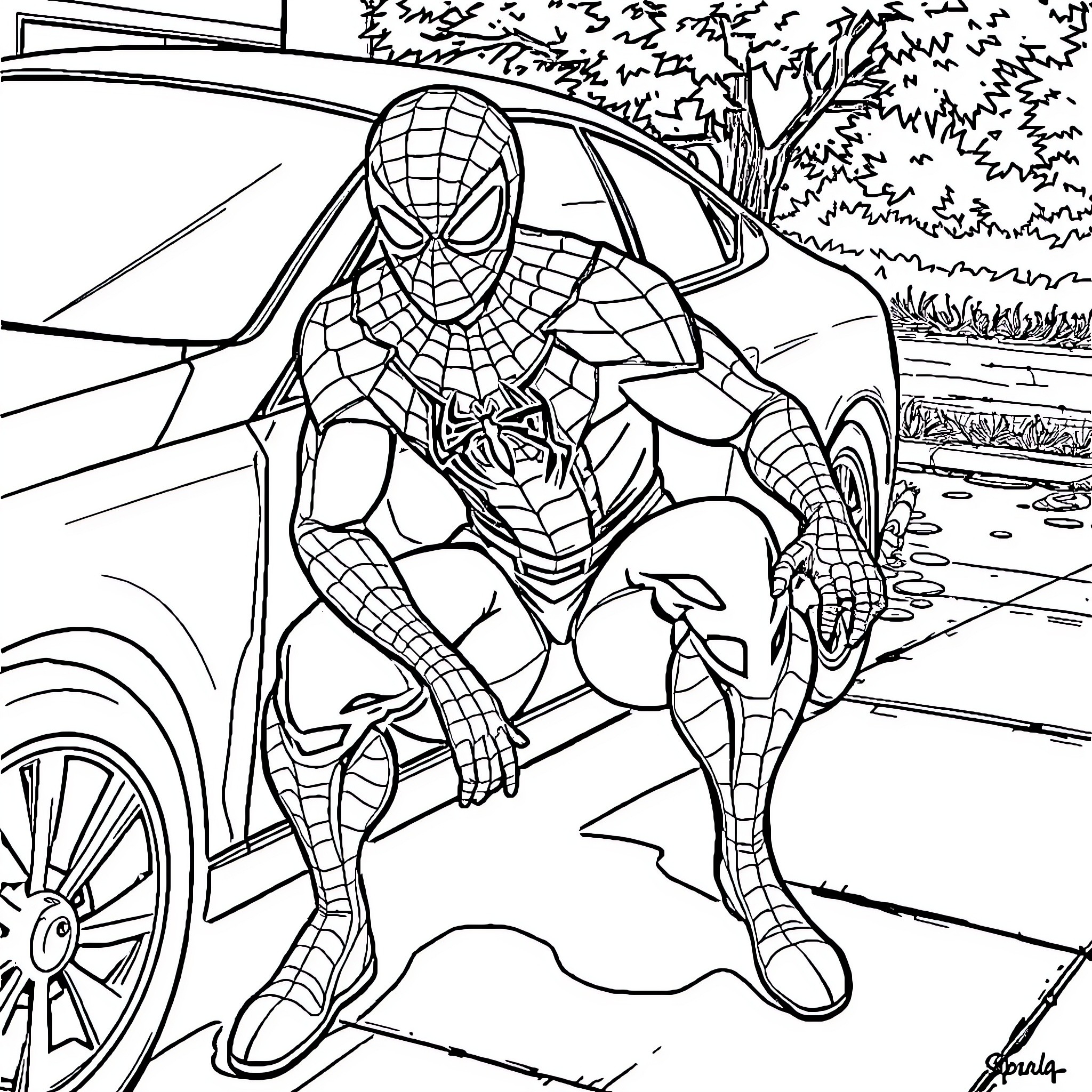 Spiderman in action at the park Coloring Page (free black-and-white line drawing printable PDF for all, from beginners to advanced learners, including children, teens, adults, and seniors)