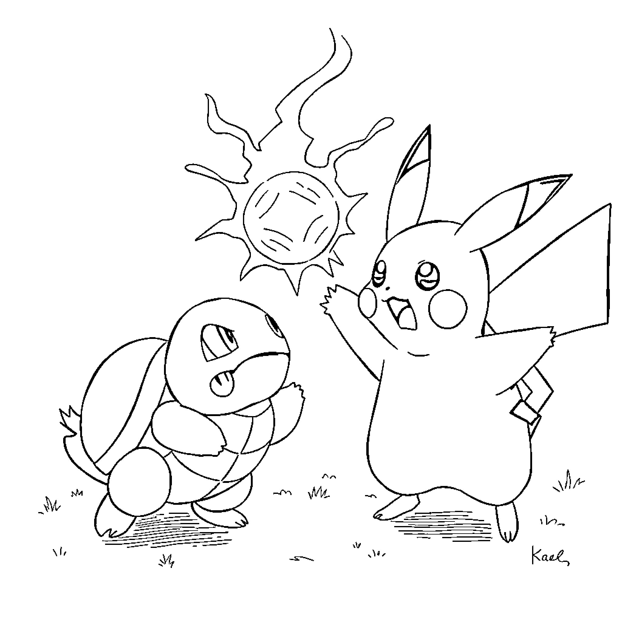 Pikachu and friends enjoying the outdoors Coloring Page (free black-and-white line drawing printable PDF for all, from beginners to advanced learners, including children, teens, adults, and seniors)