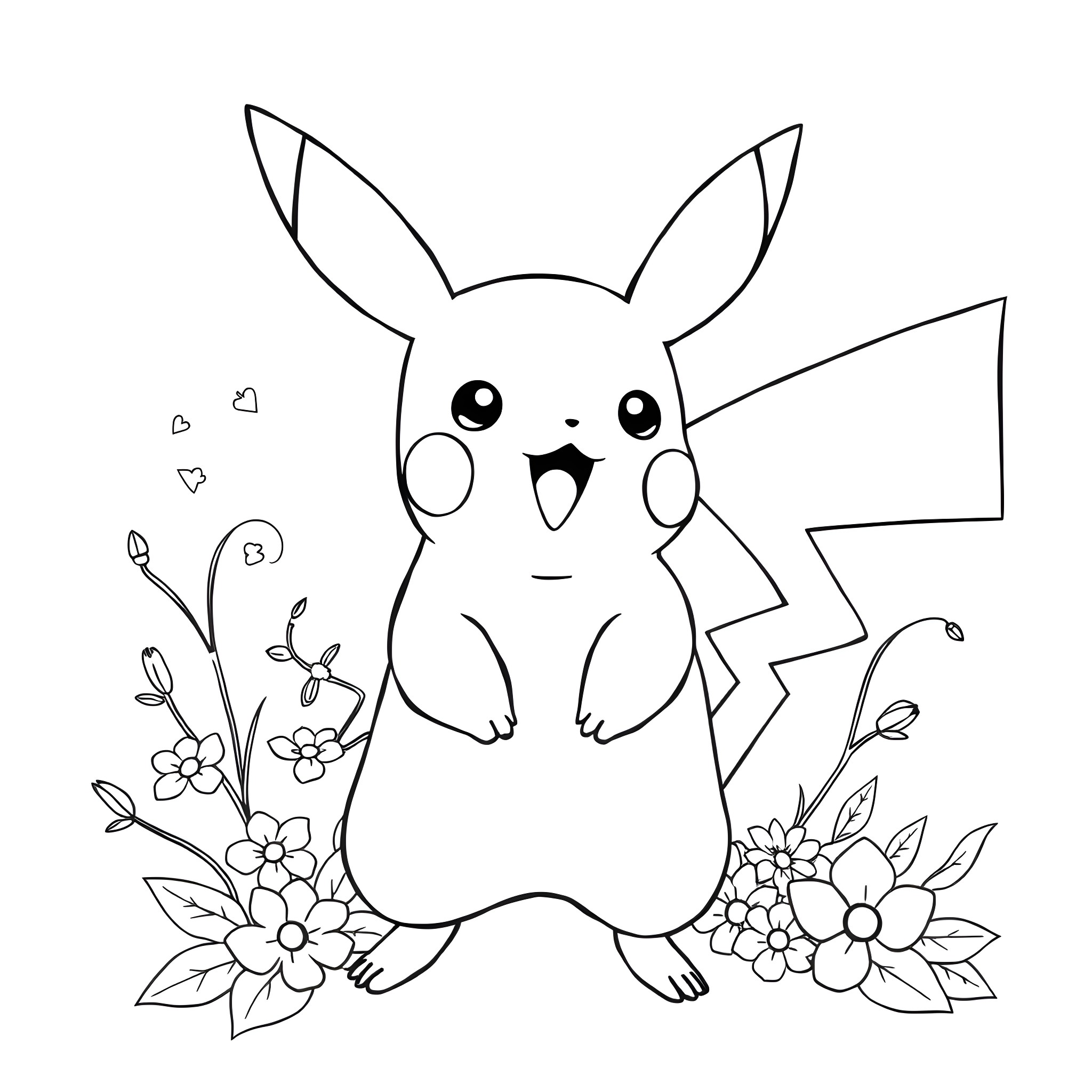 Pikachu happily surrounded by flowers Coloring Page (free black-and-white line drawing printable PDF for all, from beginners to advanced learners, including children, teens, adults, and seniors)