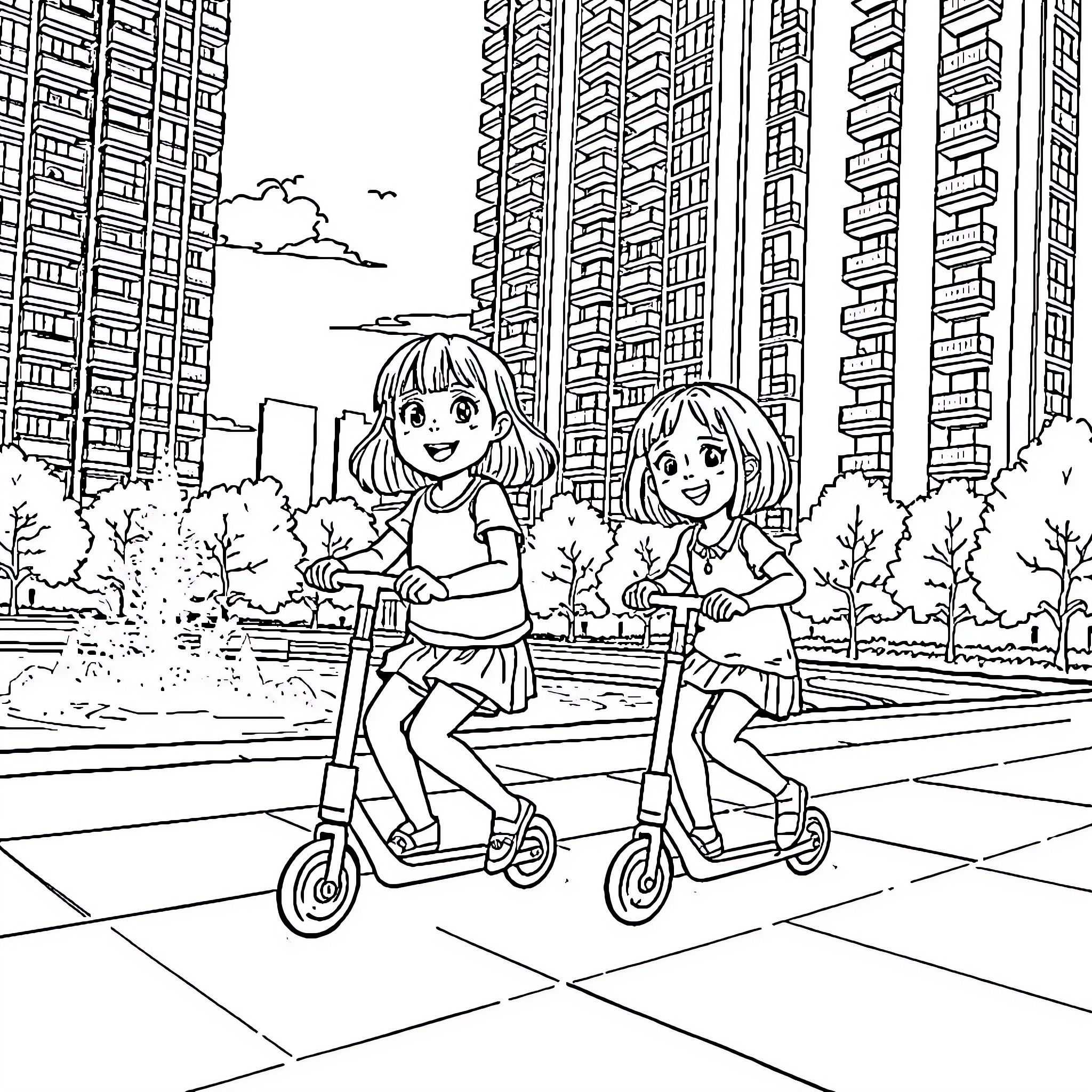Girls Riding Scooters in the City Coloring Page (free black-and-white line drawing printable PDF for all, from beginners to advanced learners, including children, teens, adults, and seniors)