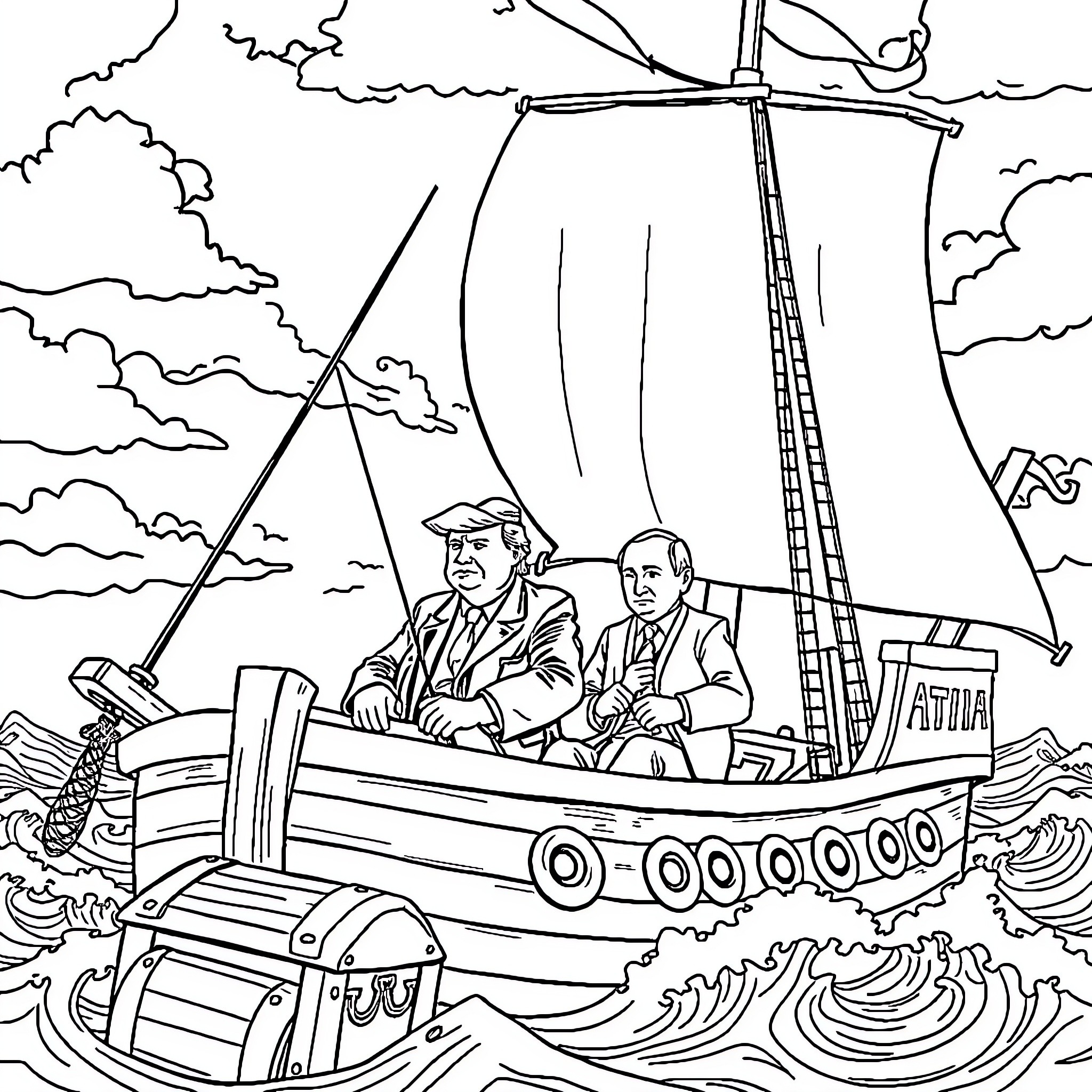 Pirate Ship Adventure at Sea Coloring Page (free black-and-white line drawing printable PDF for all, from beginners to advanced learners, including children, teens, adults, and seniors)
