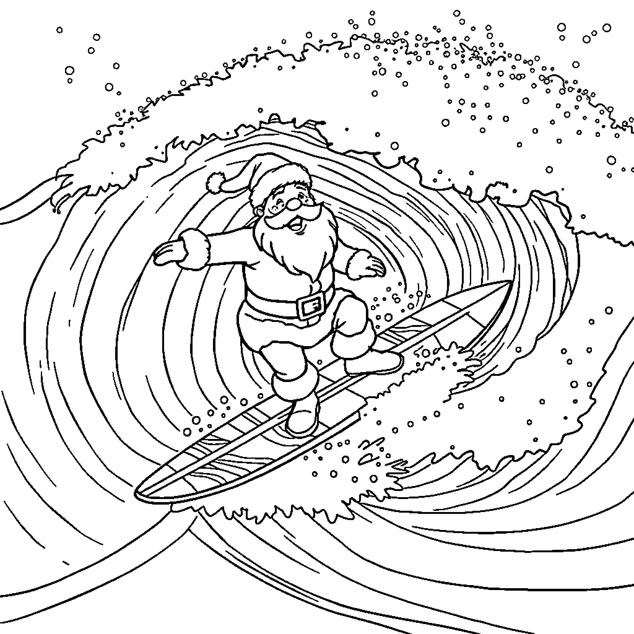 Santa surfing on a wave in the snow Coloring Page (free black-and-white line drawing printable PDF for all, from beginners to advanced learners, including children, teens, adults, and seniors)