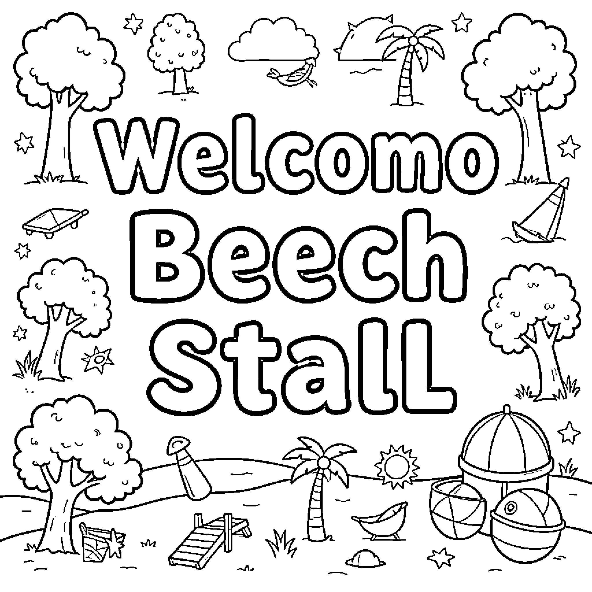 Beech Stall with Beach Accessories and Scenery Coloring Page (free black-and-white line drawing printable PDF for all, from beginners to advanced learners, including children, teens, adults, and seniors)