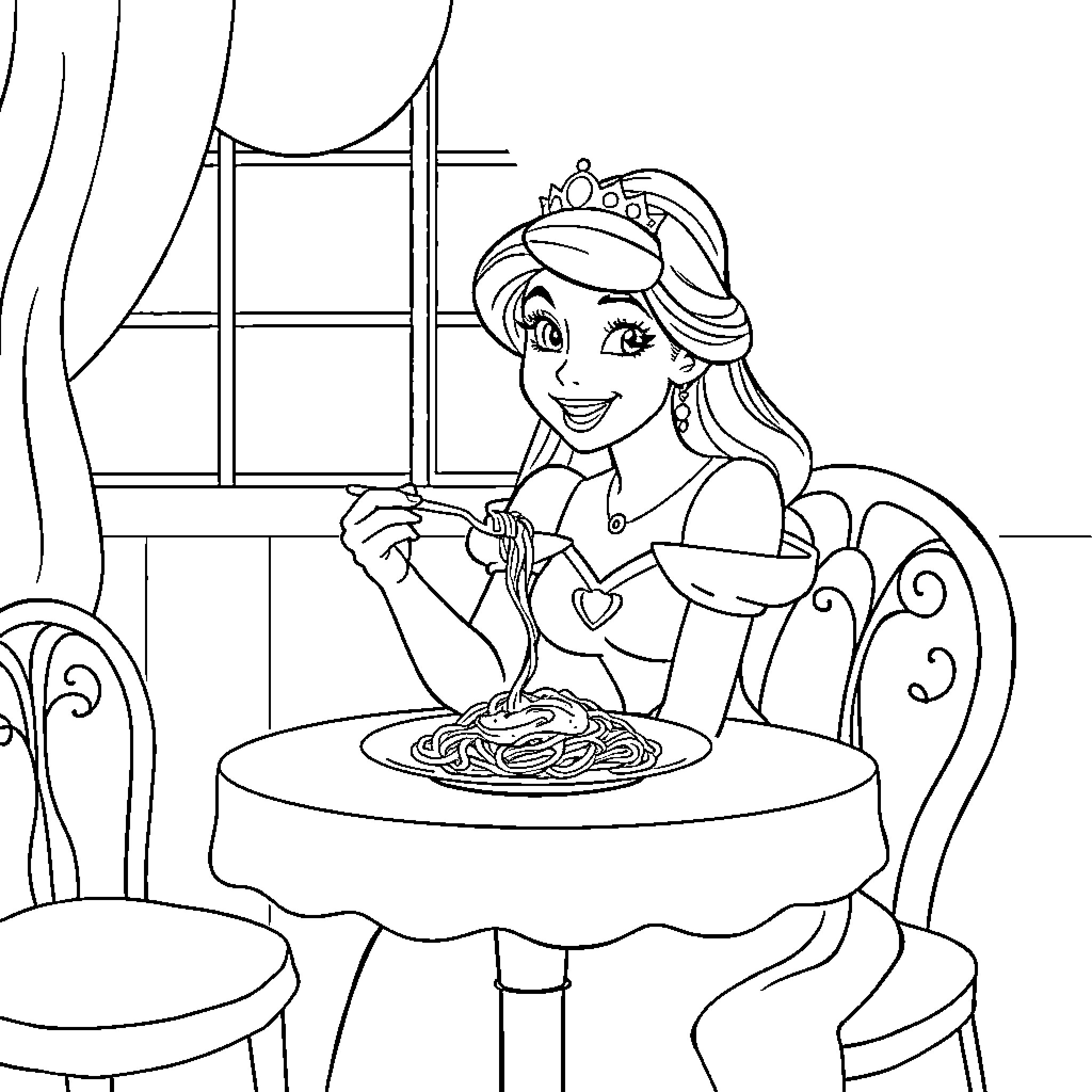 Princess Enjoying a Meal in a Cozy Cafe Coloring Page (free black-and-white line drawing printable PDF for all, from beginners to advanced learners, including children, teens, adults, and seniors)