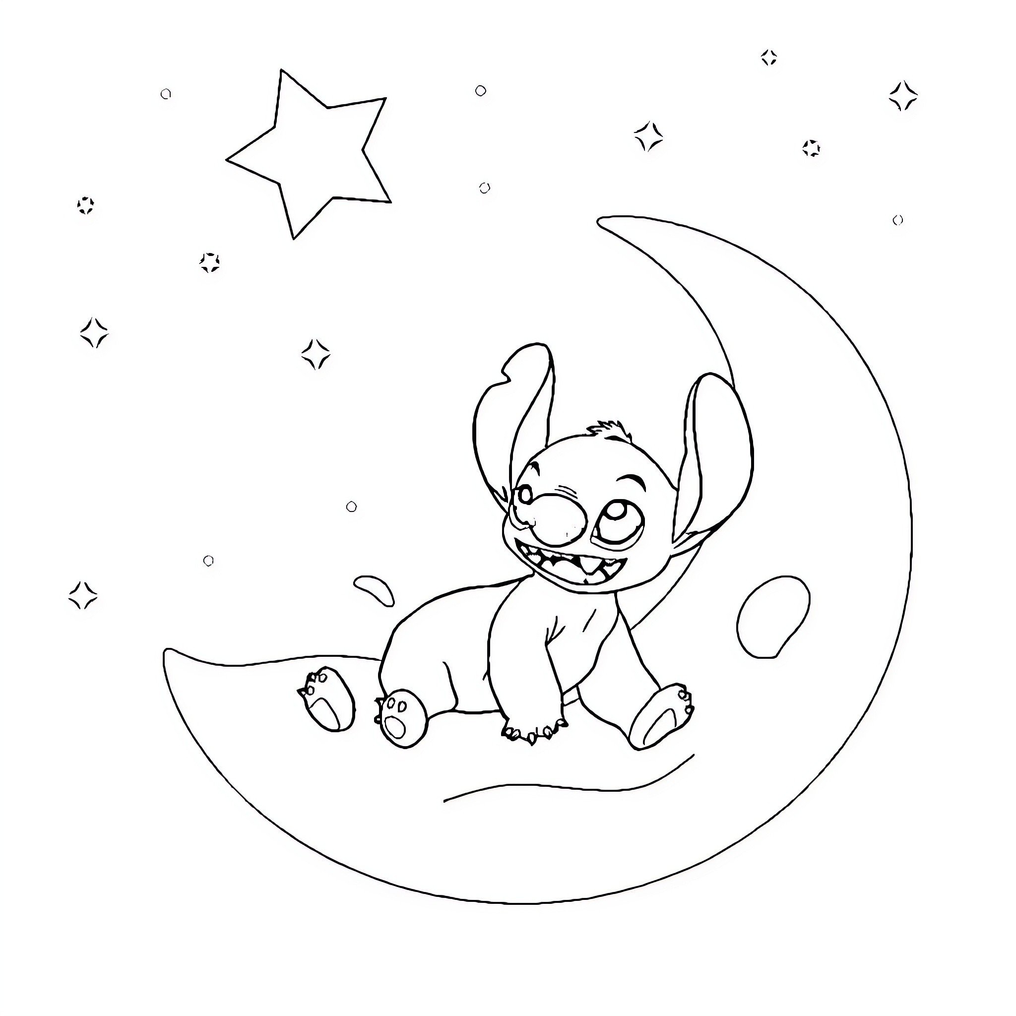 Bluey playing on the moon with stars Coloring Page (free black-and-white line drawing printable PDF for all, from beginners to advanced learners, including children, teens, adults, and seniors)