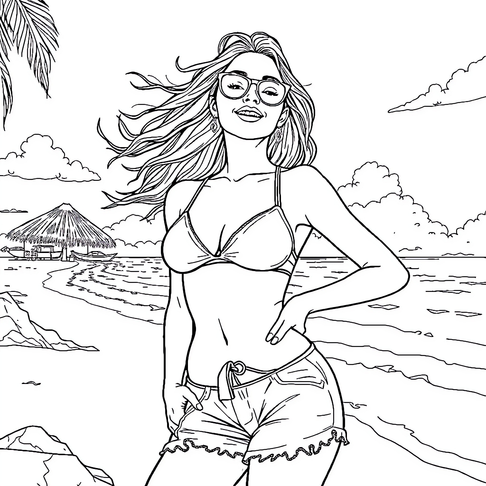 Woman relaxing on the beach in a bikini Coloring Page (free black-and-white line drawing printable PDF for all, from beginners to advanced learners, including children, teens, adults, and seniors)