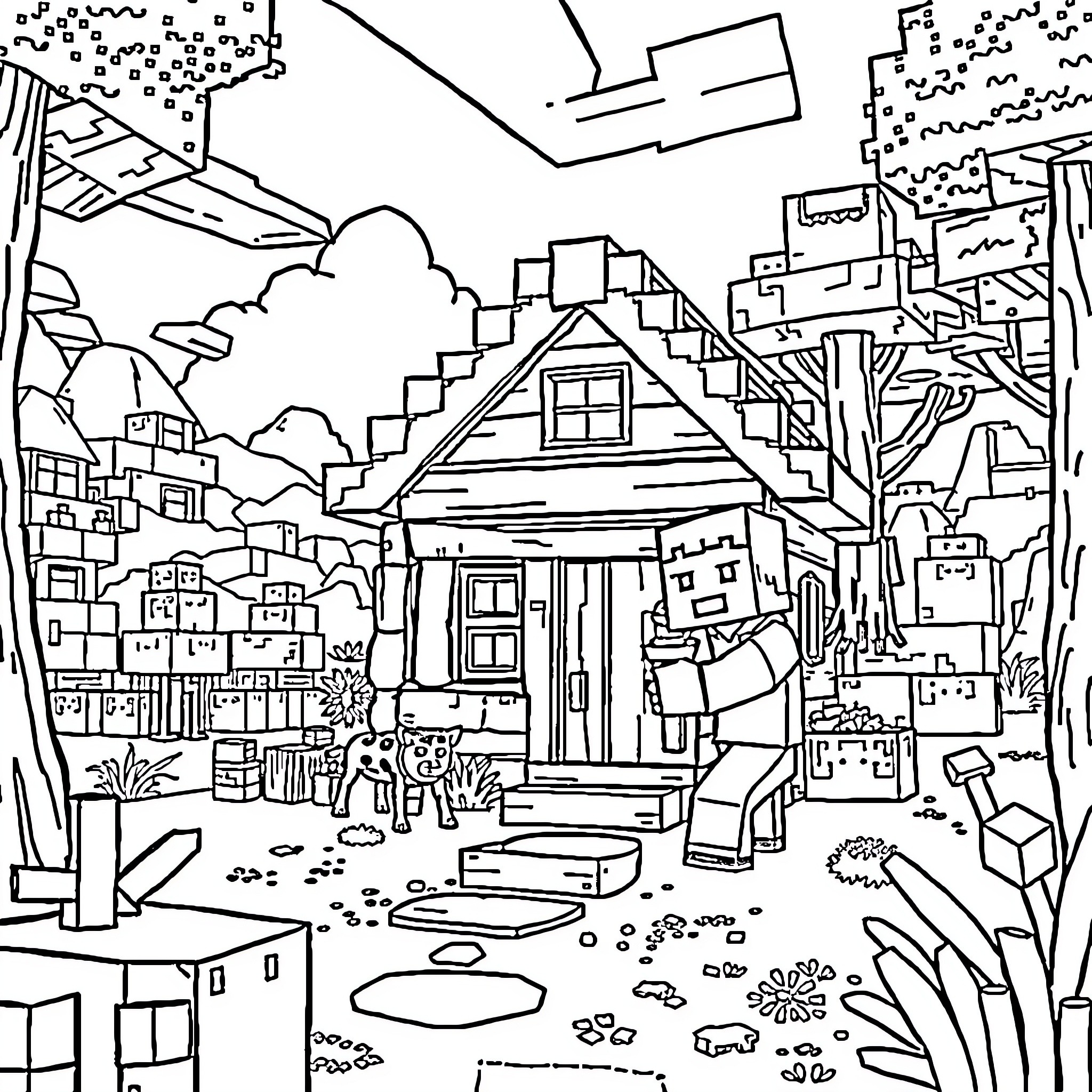 Whitter's Vibrant Neighborhood Adventure Coloring Page (free black-and-white line drawing printable PDF for all, from beginners to advanced learners, including children, teens, adults, and seniors)