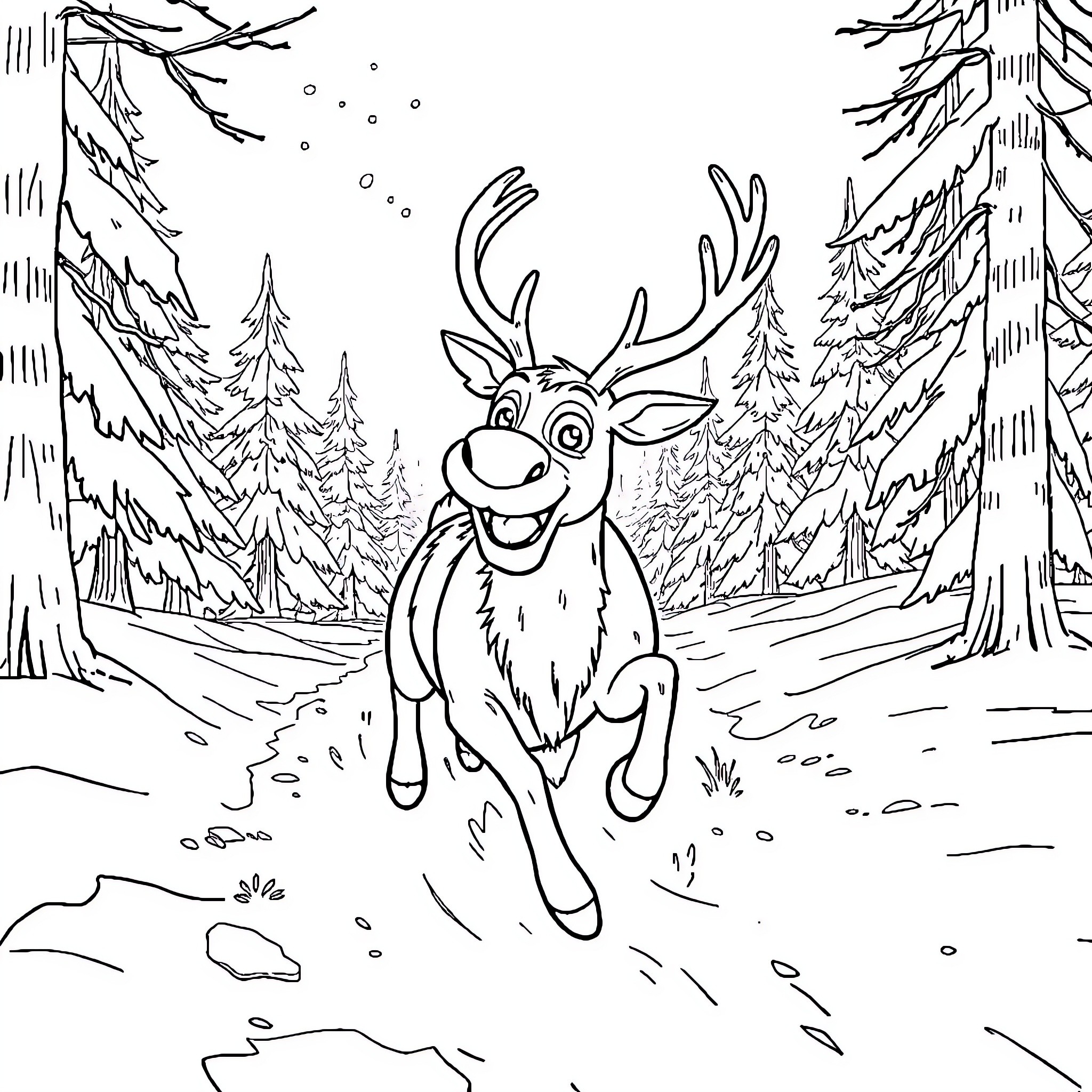 Sven the cheerful reindeer in the snowy forest Coloring Page (free black-and-white line drawing printable PDF for all, from beginners to advanced learners, including children, teens, adults, and seniors)
