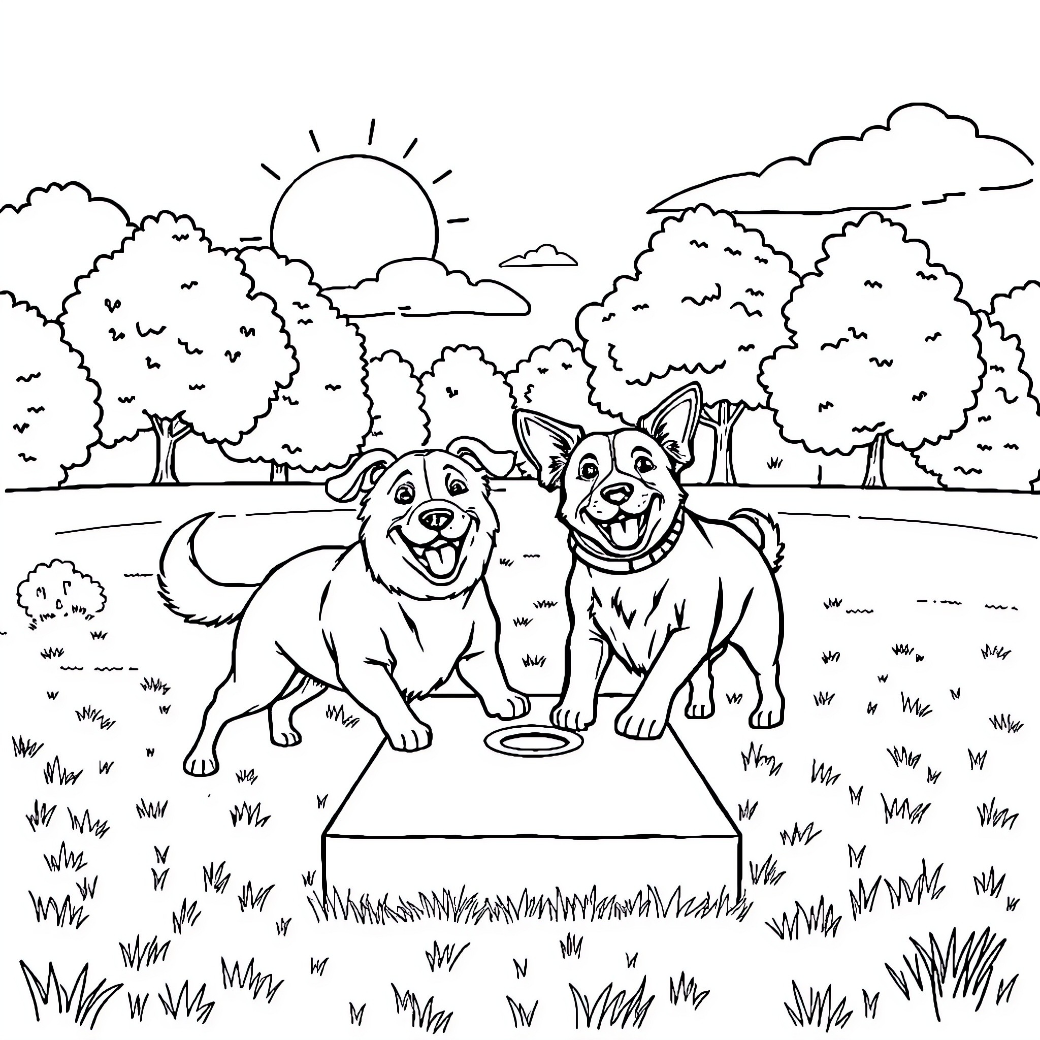Dogs playing happily in a park Coloring Page (free black-and-white line drawing printable PDF for all, from beginners to advanced learners, including children, teens, adults, and seniors)