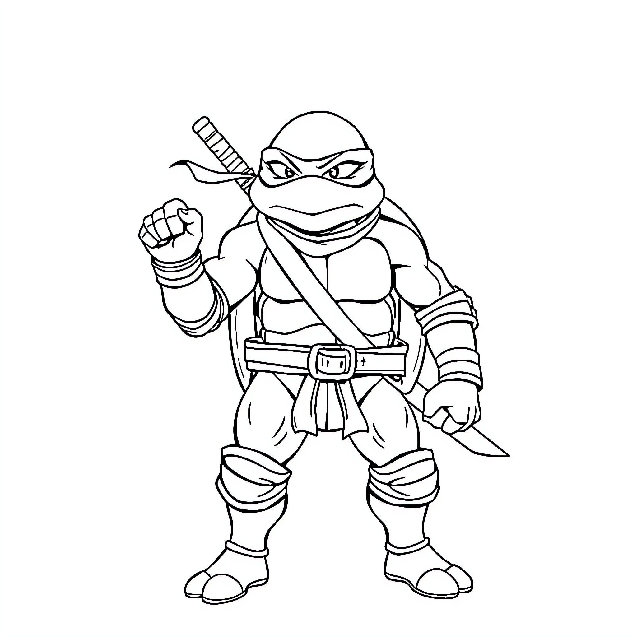 Ninja Turtle wielding sword in attack stance Coloring Page (free black-and-white line drawing printable PDF for all, from beginners to advanced learners, including children, teens, adults, and seniors)