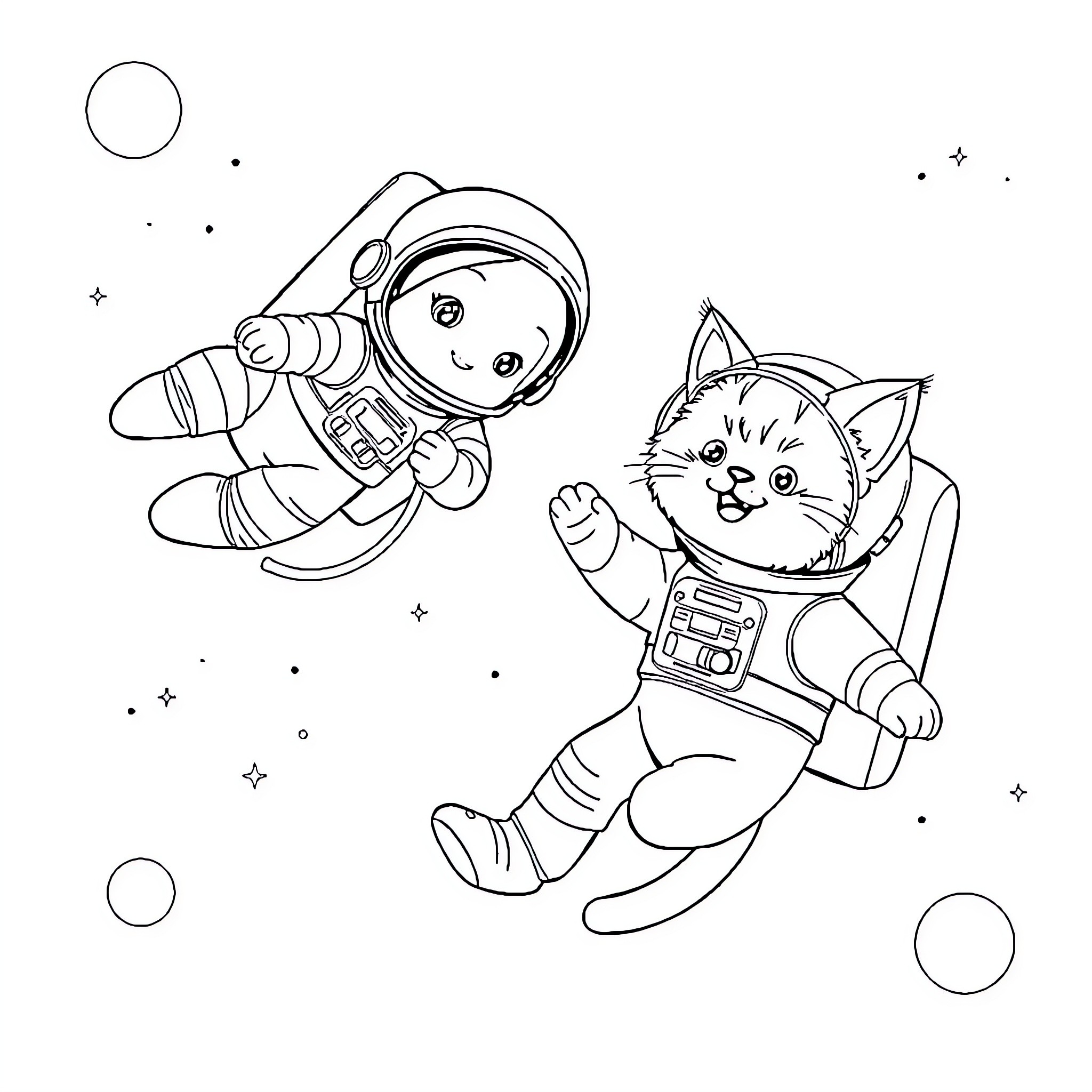 Astronaut and Cat Exploring Space Together Coloring Page (free black-and-white line drawing printable PDF for all, from beginners to advanced learners, including children, teens, adults, and seniors)