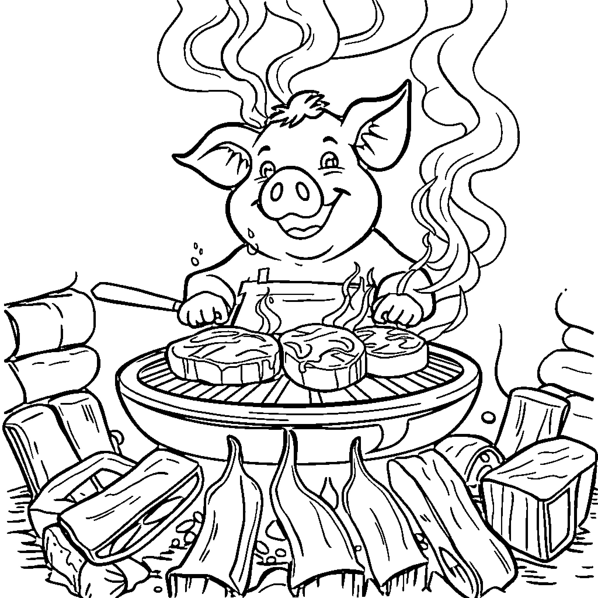 Pig Cooking Delicious Treats on the Grill Coloring Page (free black-and-white line drawing printable PDF for all, from beginners to advanced learners, including children, teens, adults, and seniors)