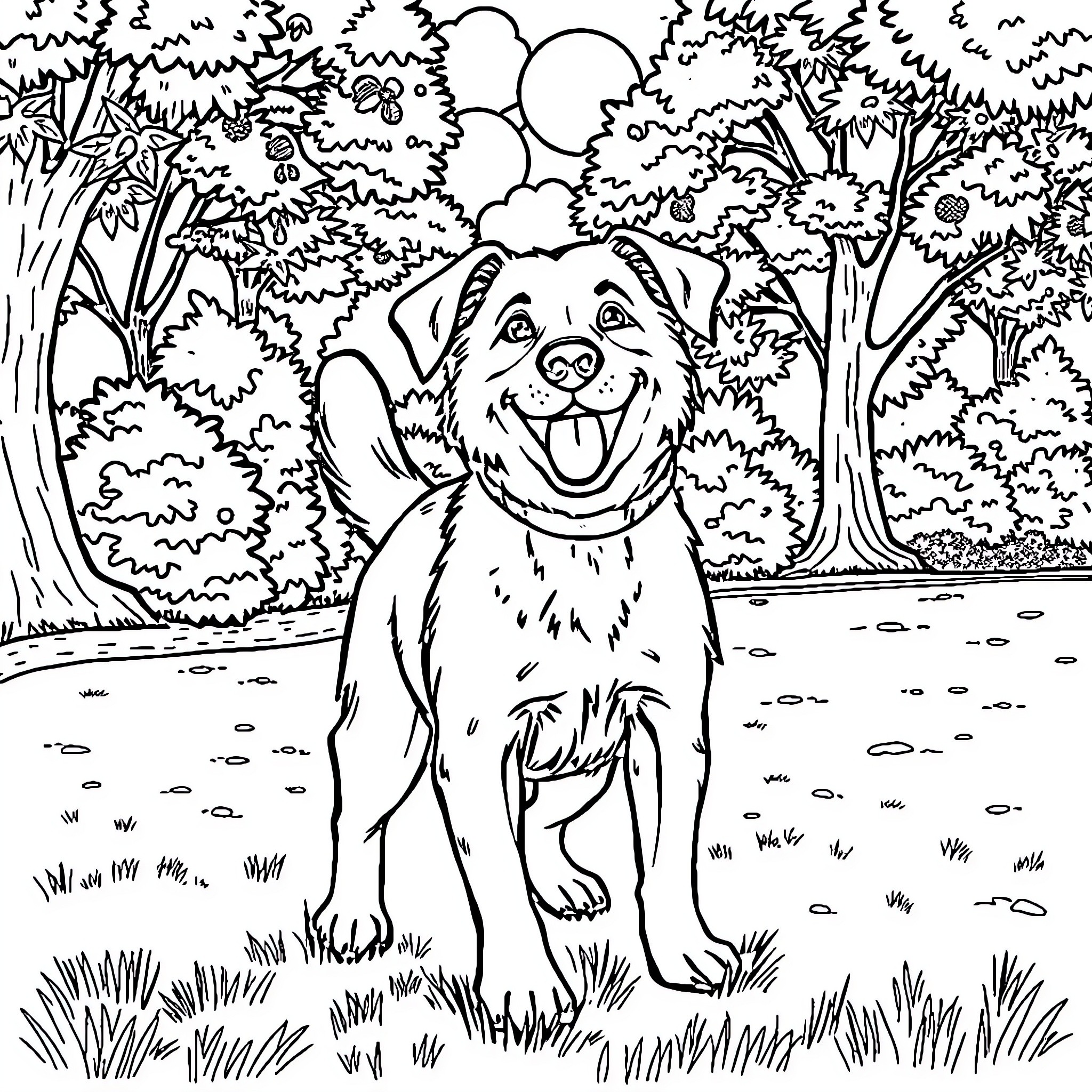 Dog exploring the enchanted forest Coloring Page (free black-and-white line drawing printable PDF for all, from beginners to advanced learners, including children, teens, adults, and seniors)