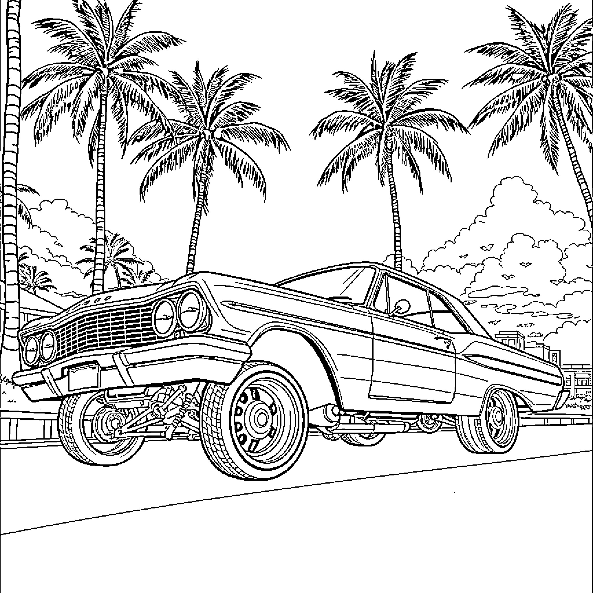 Lowrider Car Cruising Amidst Tropical Scenery Coloring Page (free black-and-white line drawing printable PDF for all, from beginners to advanced learners, including children, teens, adults, and seniors)