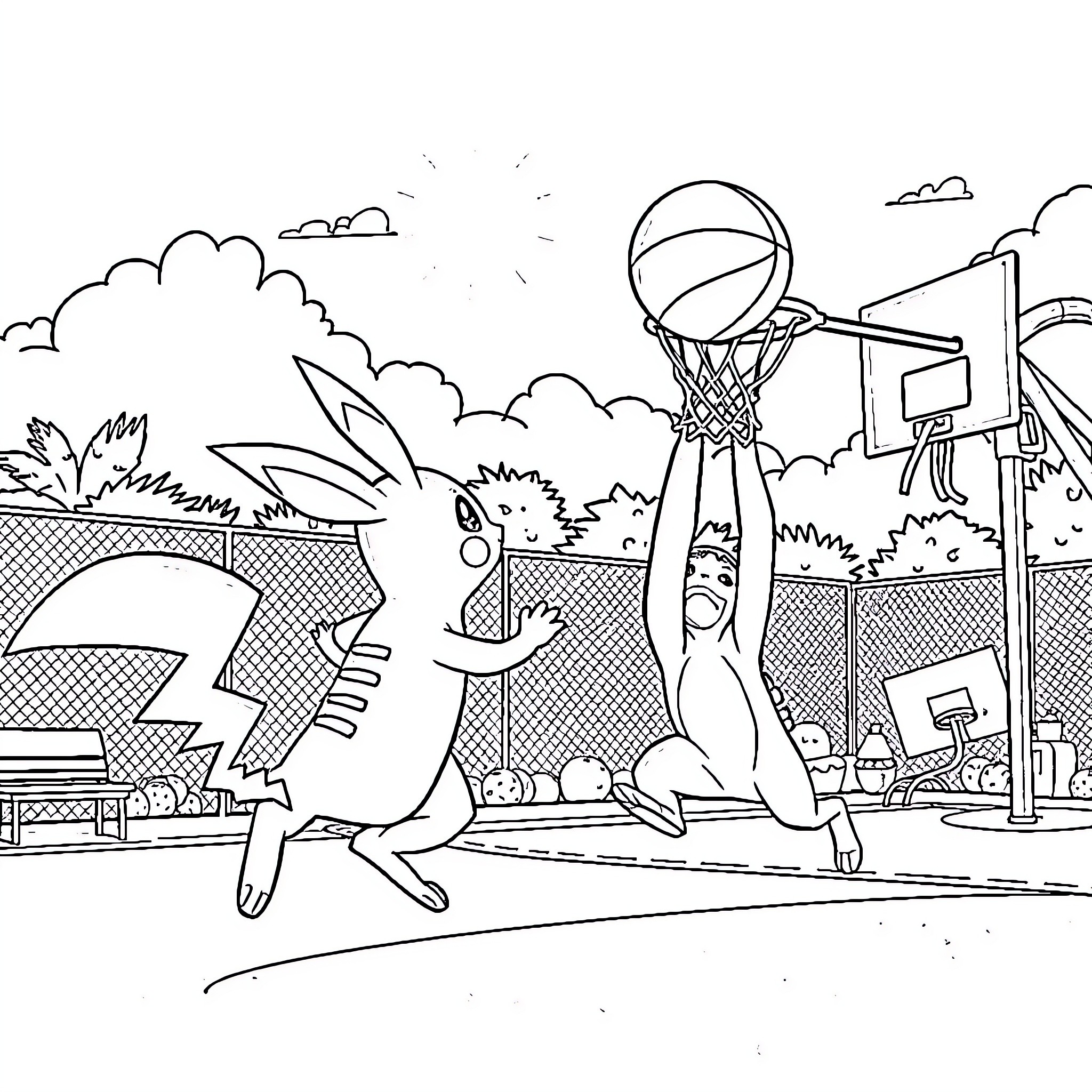 Pokémon characters playing basketball on a court Coloring Page (free black-and-white line drawing printable PDF for all, from beginners to advanced learners, including children, teens, adults, and seniors)