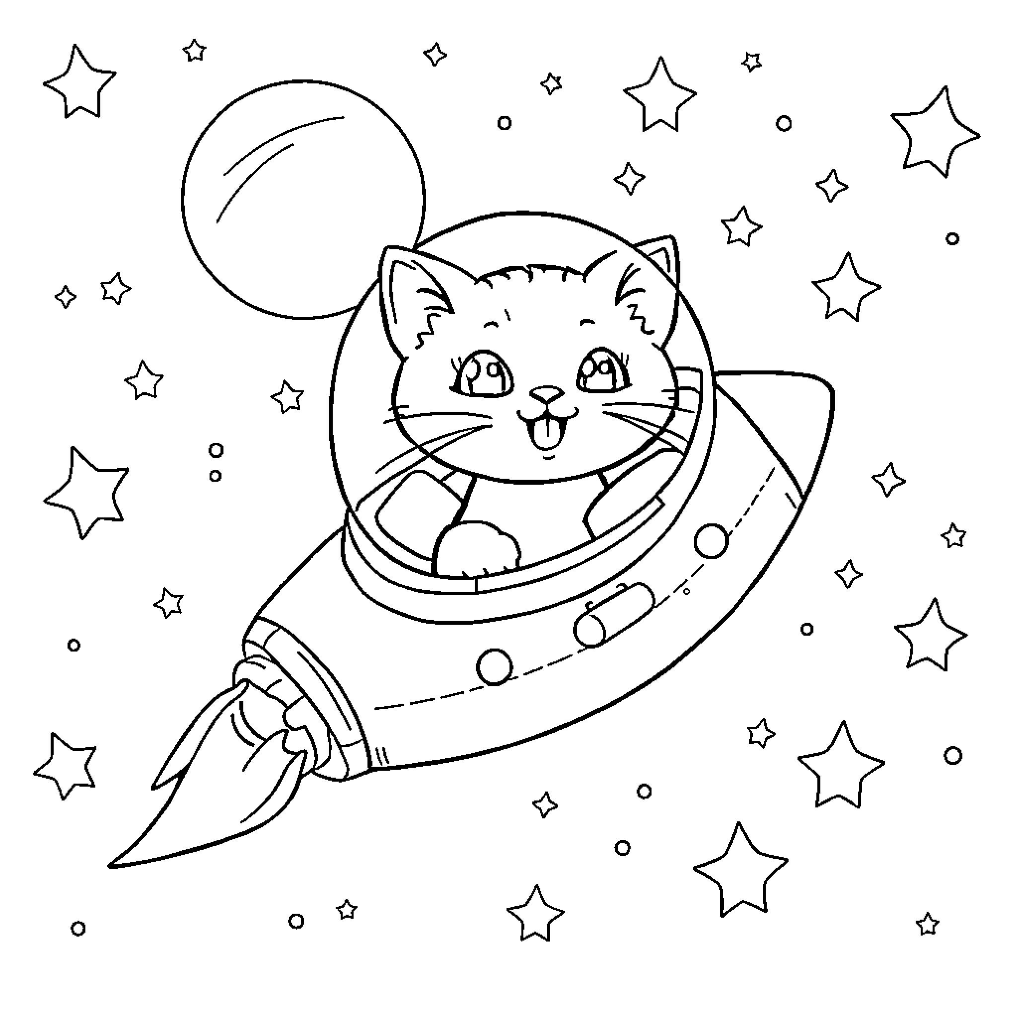 Cat in a space rocket among stars Coloring Page (free black-and-white line drawing printable PDF for all, from beginners to advanced learners, including children, teens, adults, and seniors)