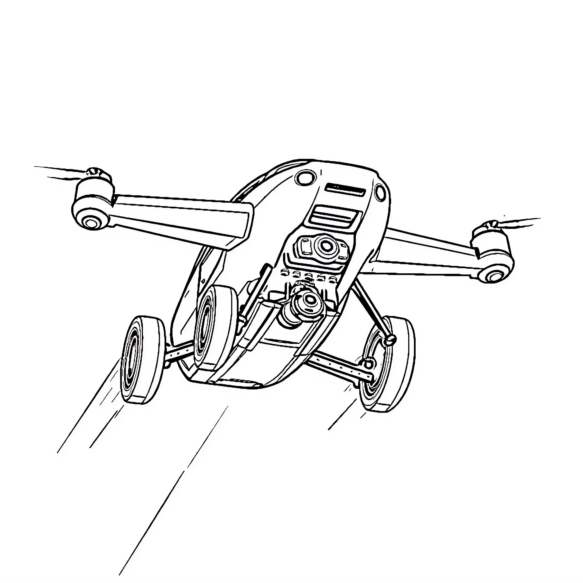 Flying Car Drone with Advanced Technology Coloring Page (free black-and-white line drawing printable PDF for all, from beginners to advanced learners, including children, teens, adults, and seniors)