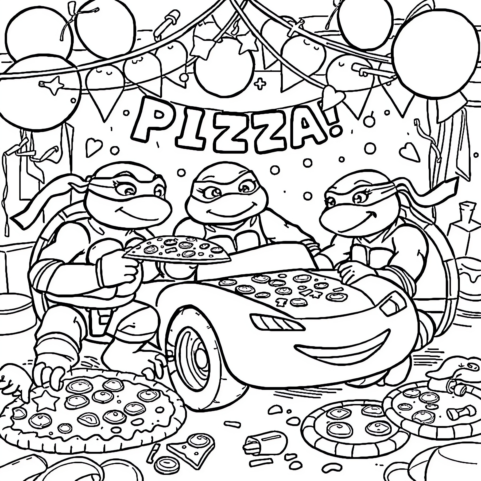 Ninja Turtles Enjoying Pizza Party with Friends Coloring Page (free black-and-white line drawing printable PDF for all, from beginners to advanced learners, including children, teens, adults, and seniors)