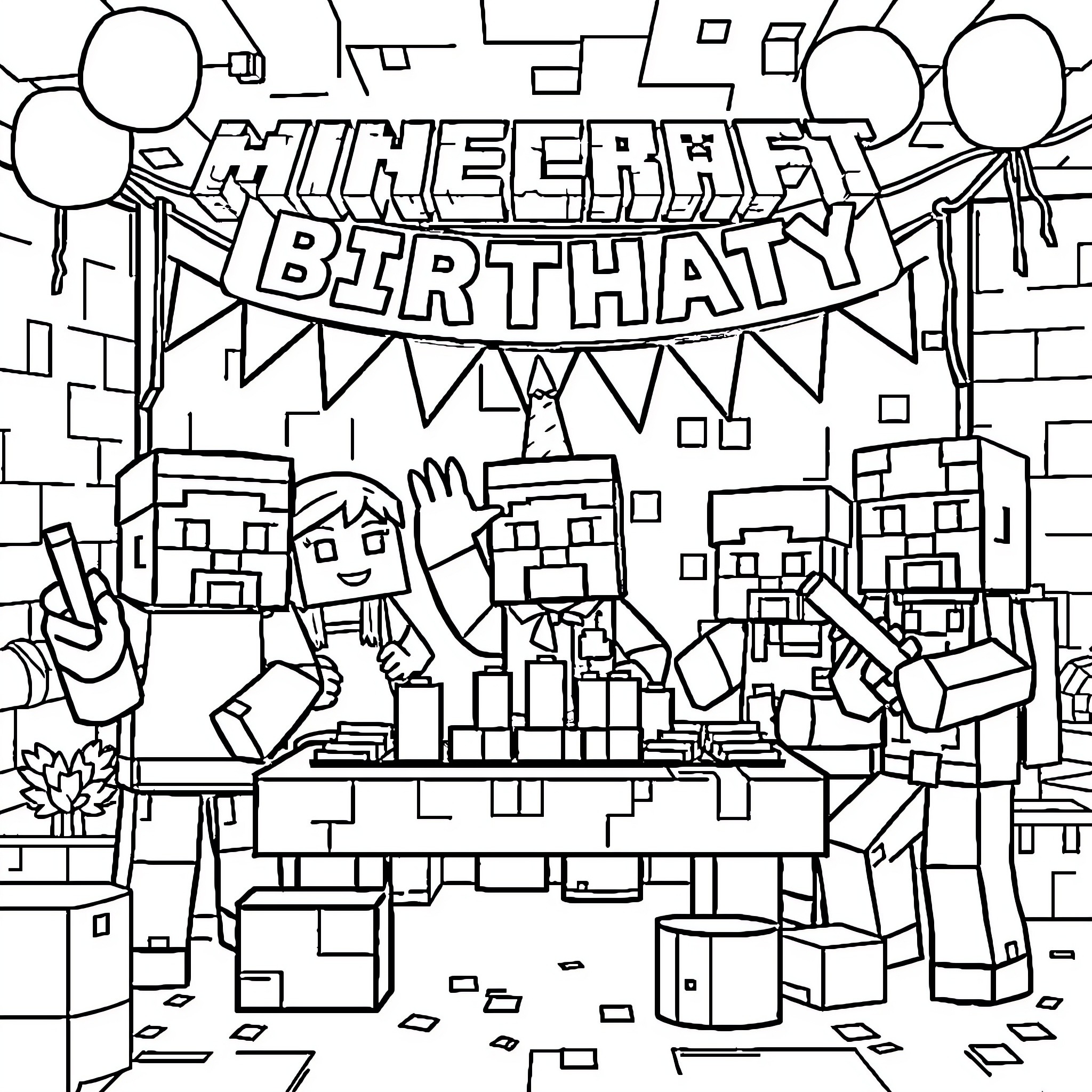Minecraft Birthday Party with Festive Celebration Coloring Page (free black-and-white line drawing printable PDF for all, from beginners to advanced learners, including children, teens, adults, and seniors)
