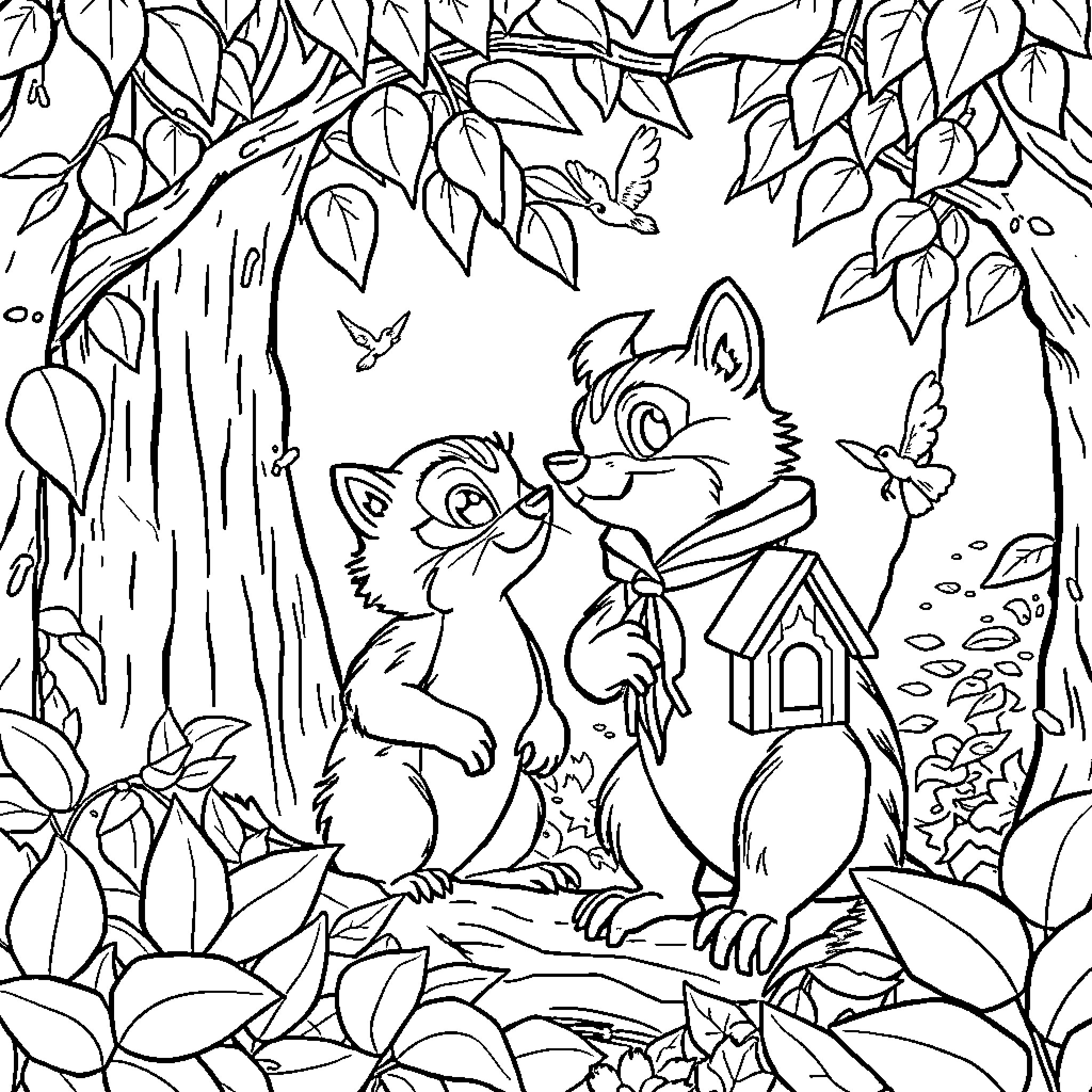 Castor and Pollux's Woodland Adventure Coloring Page (free black-and-white line drawing printable PDF for all, from beginners to advanced learners, including children, teens, adults, and seniors)