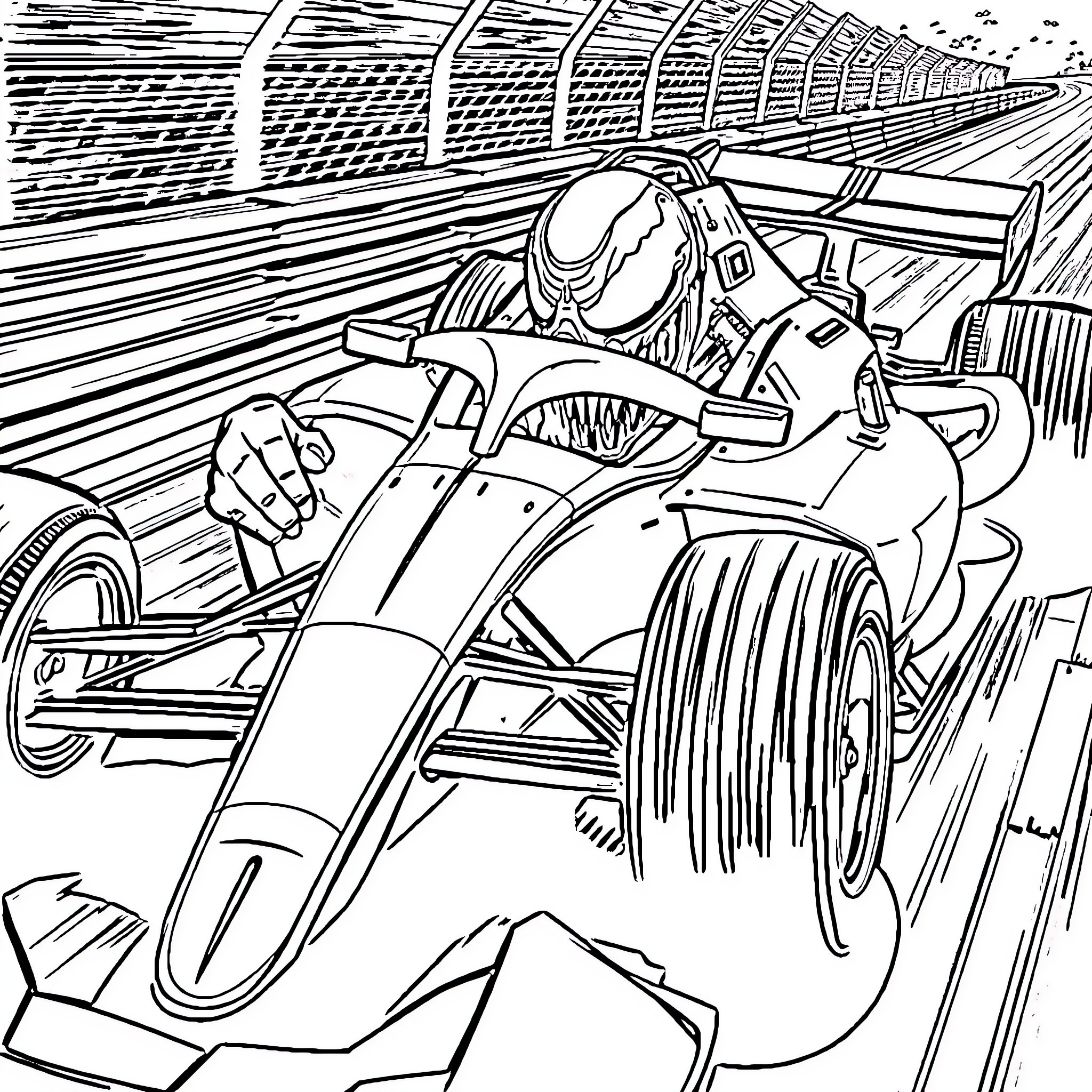 Venom Racer Speeds Through the Track Coloring Page (free black-and-white line drawing printable PDF for all, from beginners to advanced learners, including children, teens, adults, and seniors)