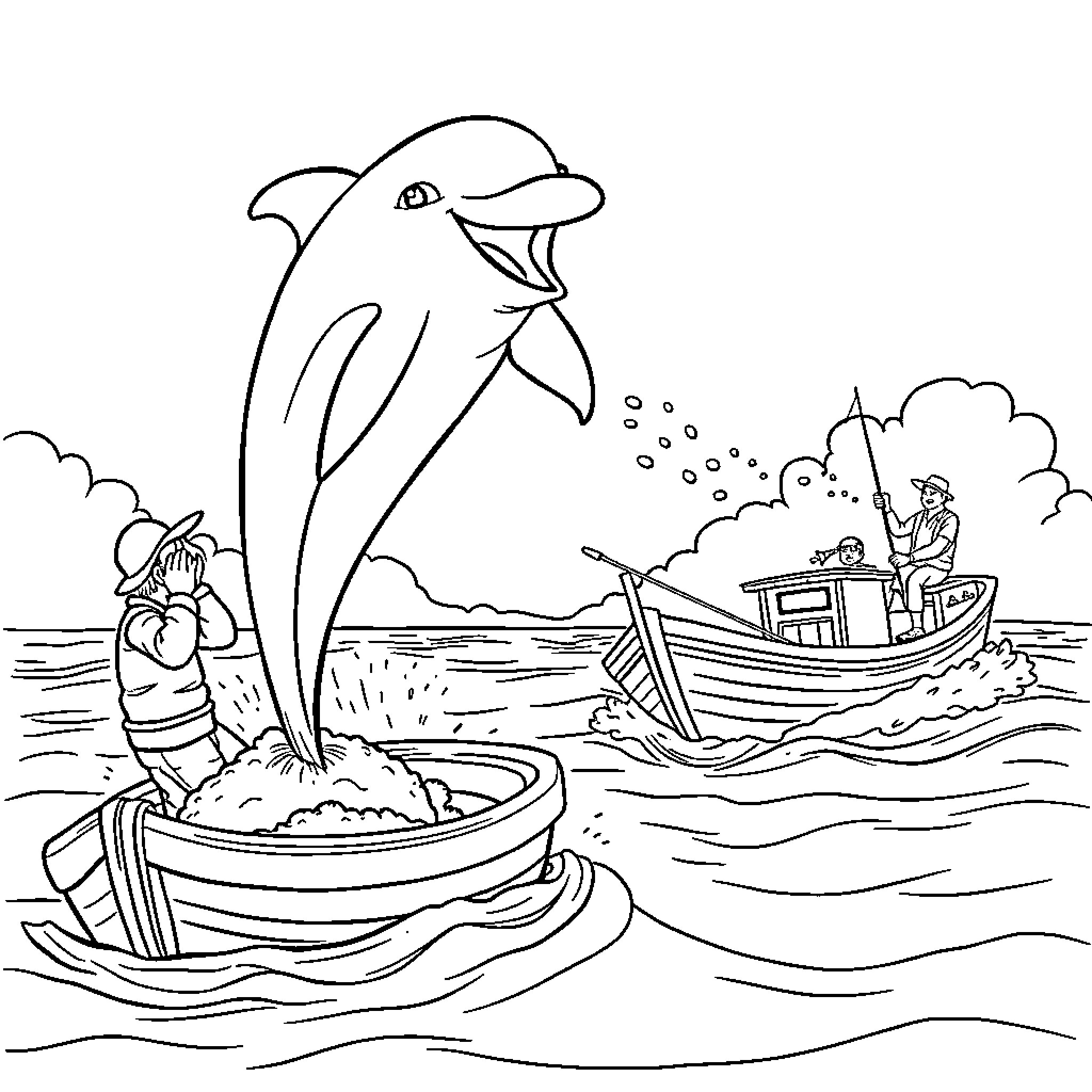 Dolphin playfully interacting with people on boats Coloring Page (free black-and-white line drawing printable PDF for all, from beginners to advanced learners, including children, teens, adults, and seniors)