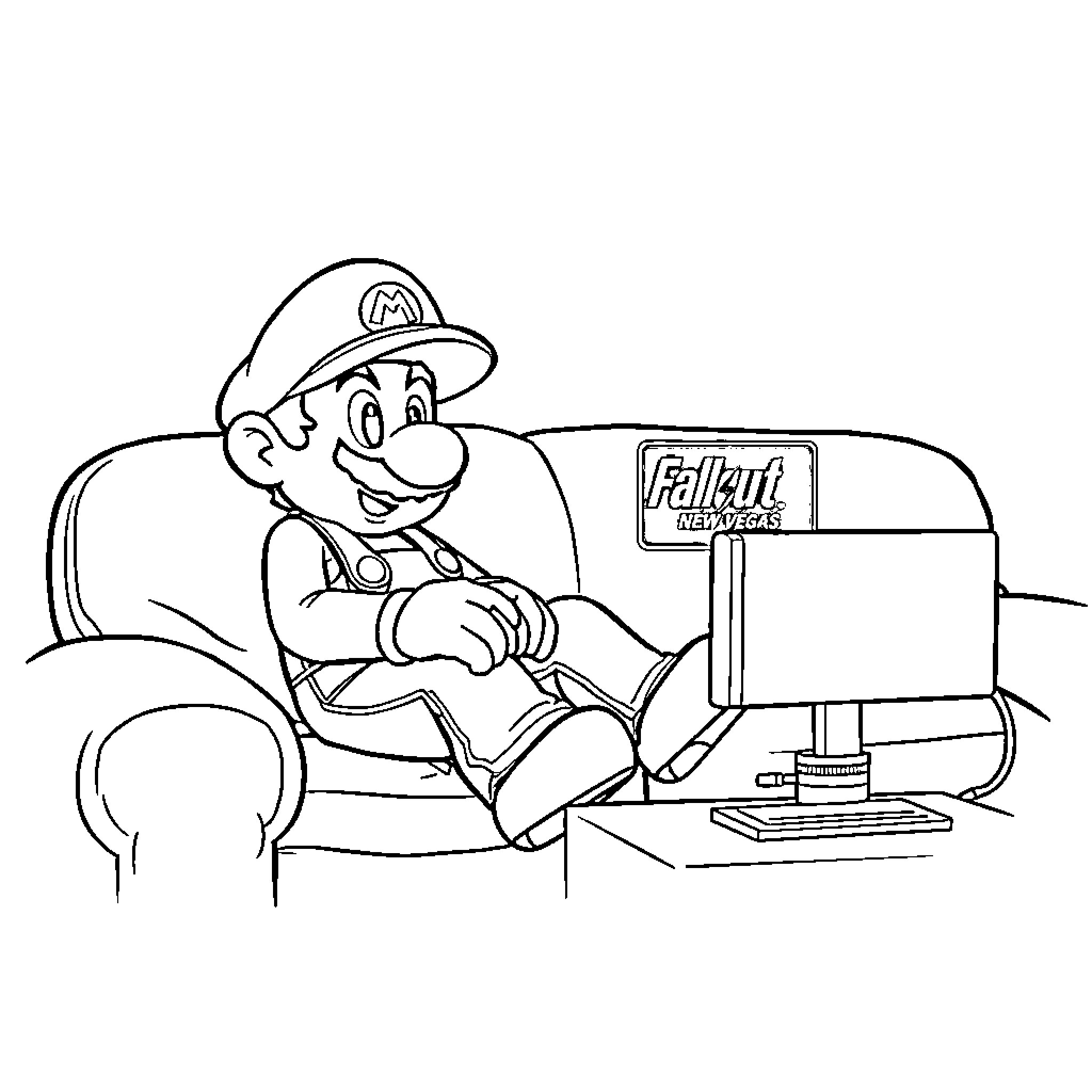 Super Mario enjoying video game Fallout in the living room Coloring Page (free black-and-white line drawing printable PDF for all, from beginners to advanced learners, including children, teens, adults, and seniors)