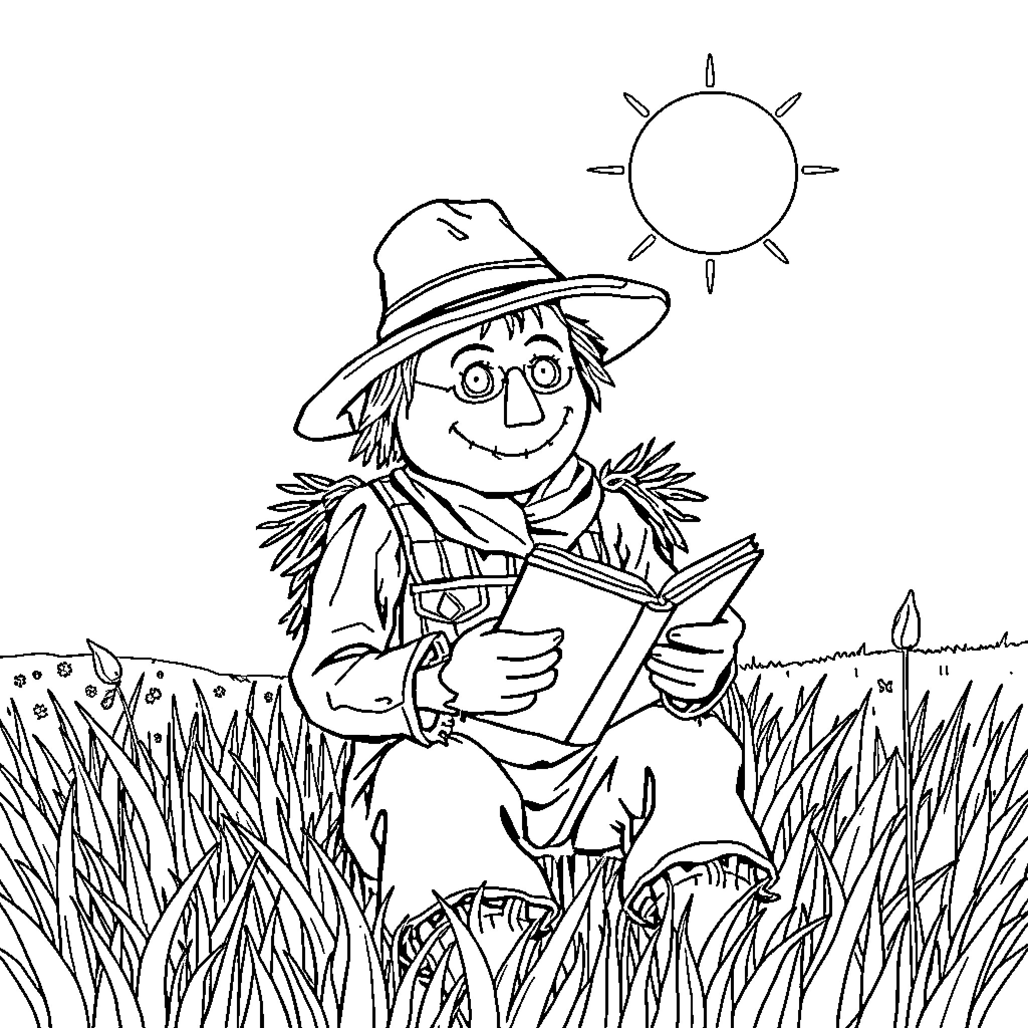 Scarecrow reading a book in a field Coloring Page (free black-and-white line drawing printable PDF for all, from beginners to advanced learners, including children, teens, adults, and seniors)
