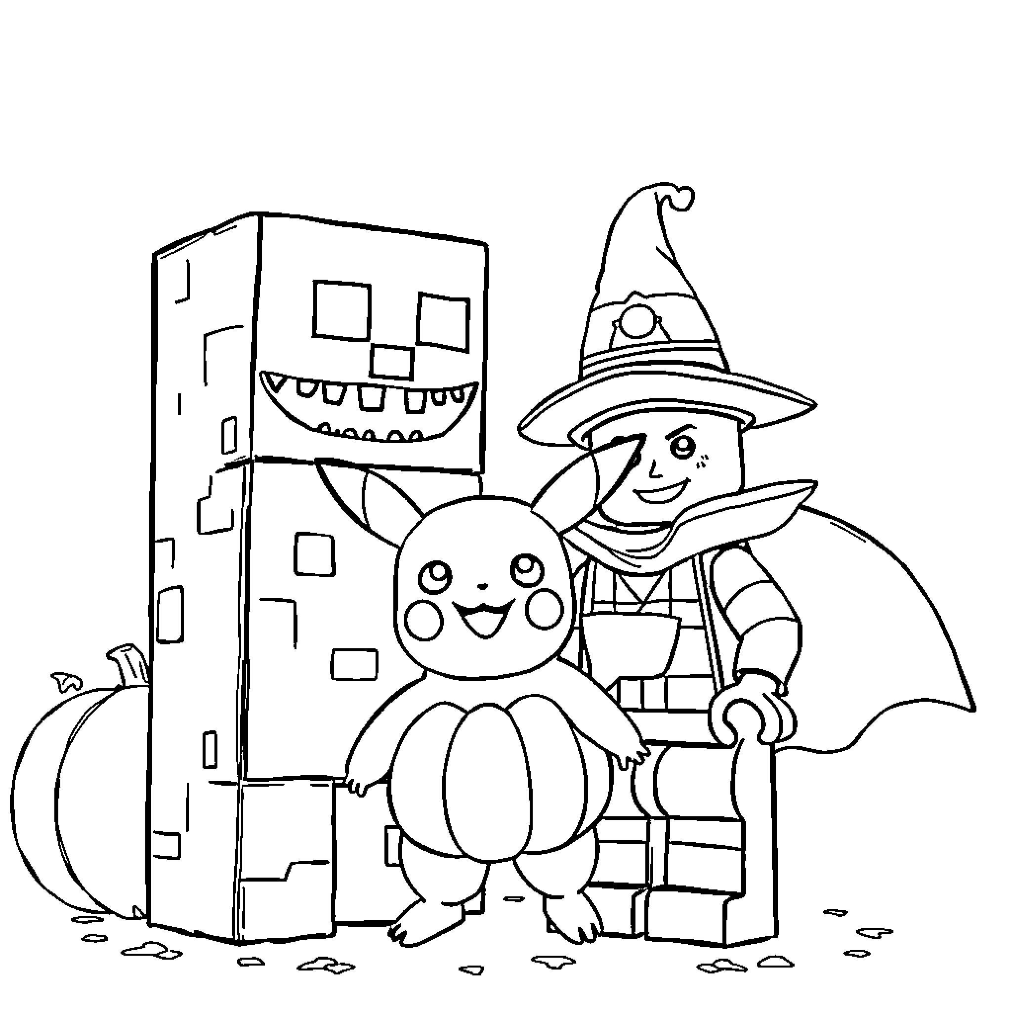 Creeper friends explore spooky autumn landscape Coloring Page (free black-and-white line drawing printable PDF for all, from beginners to advanced learners, including children, teens, adults, and seniors)